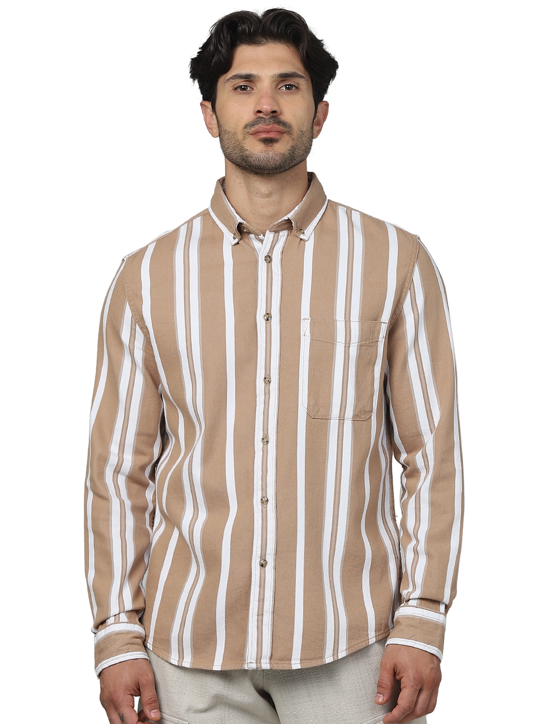 celio | Celio Men Brown Striped Regular Fit Cotton Casual Shirts