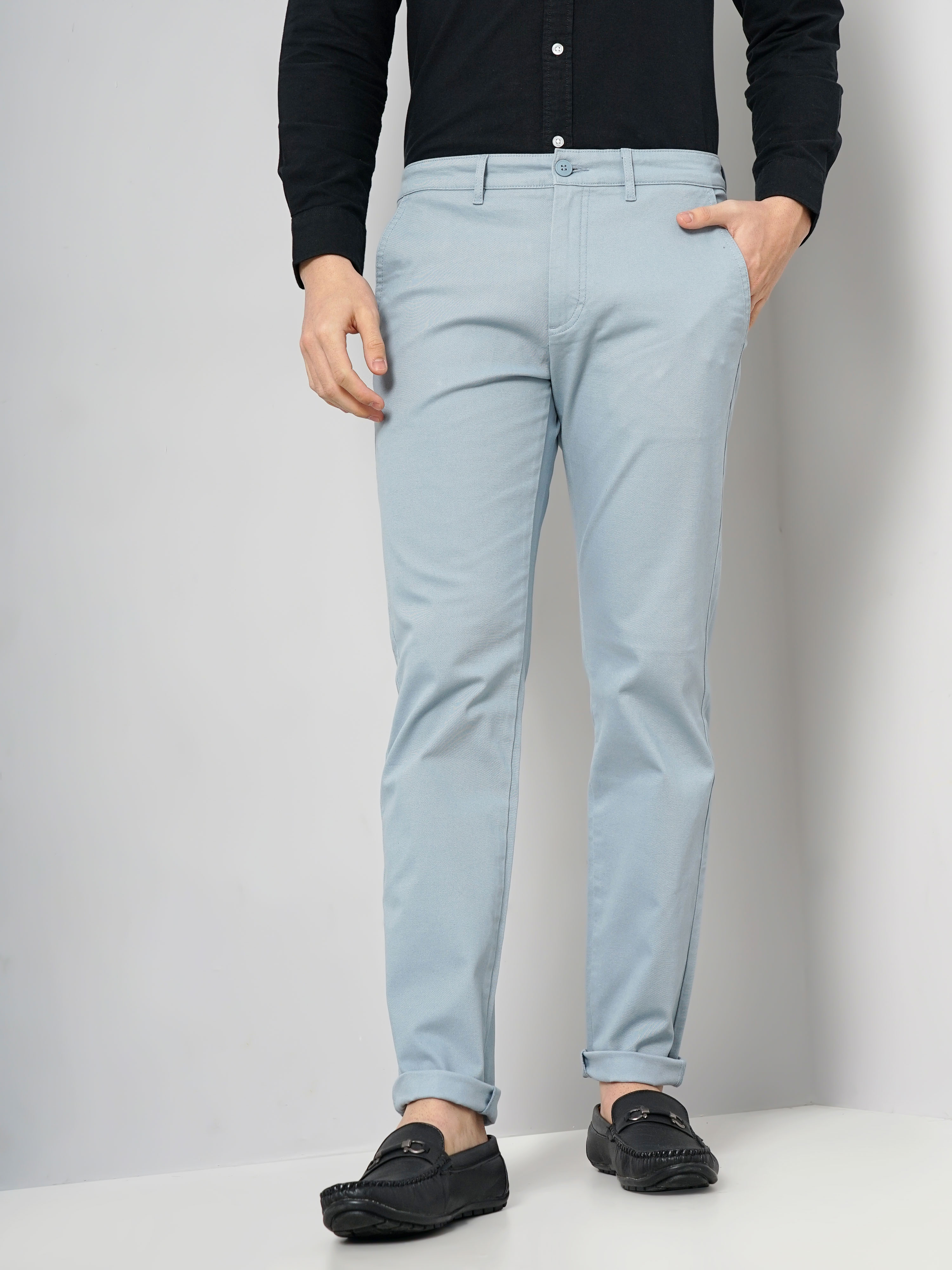Celio Men Blue Solid Slim Fit Cotton Basic Chinos Casual Trousers