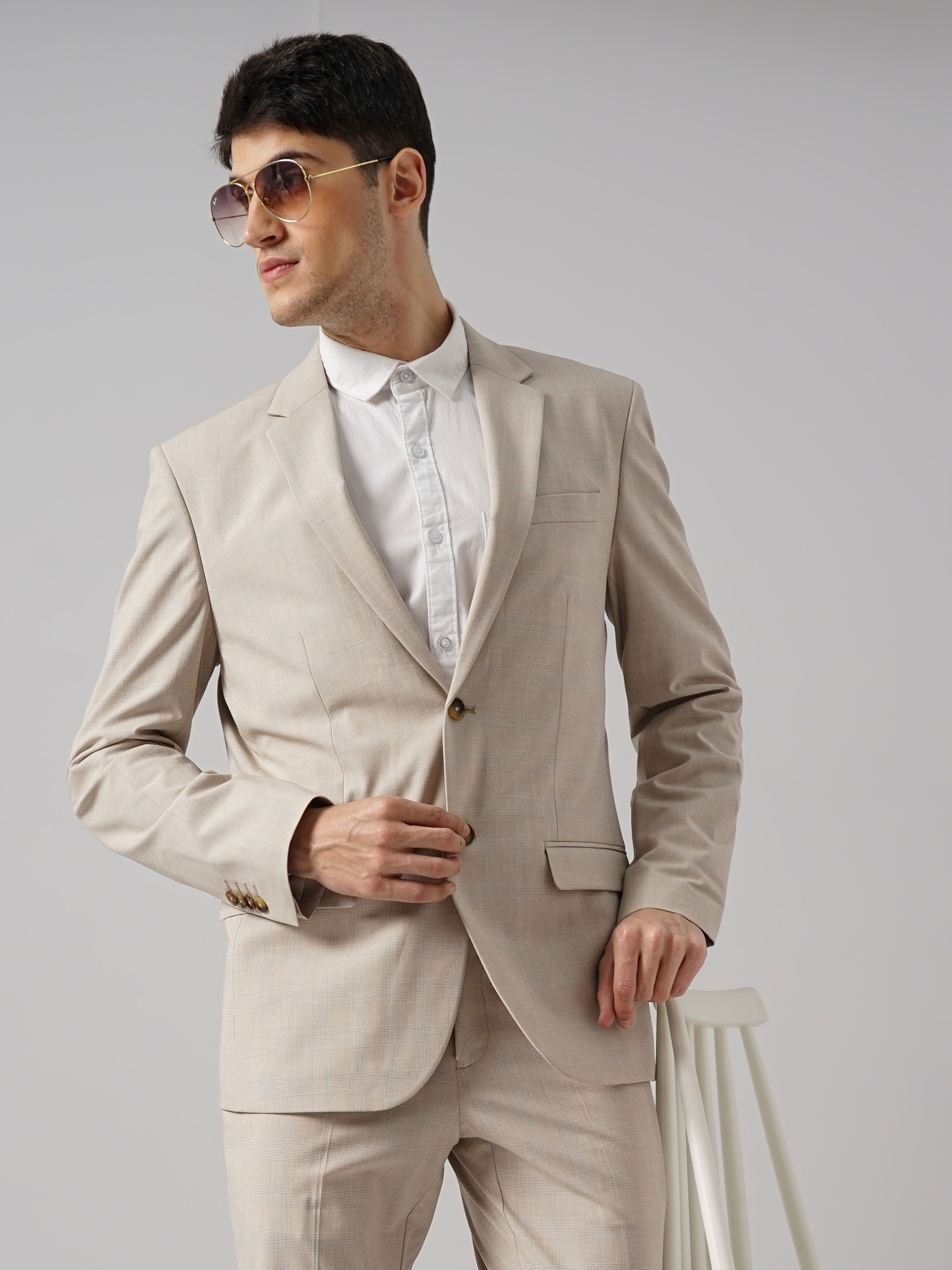 Celio Men Beige Solid Slim Fit Polyester Suit Jacket