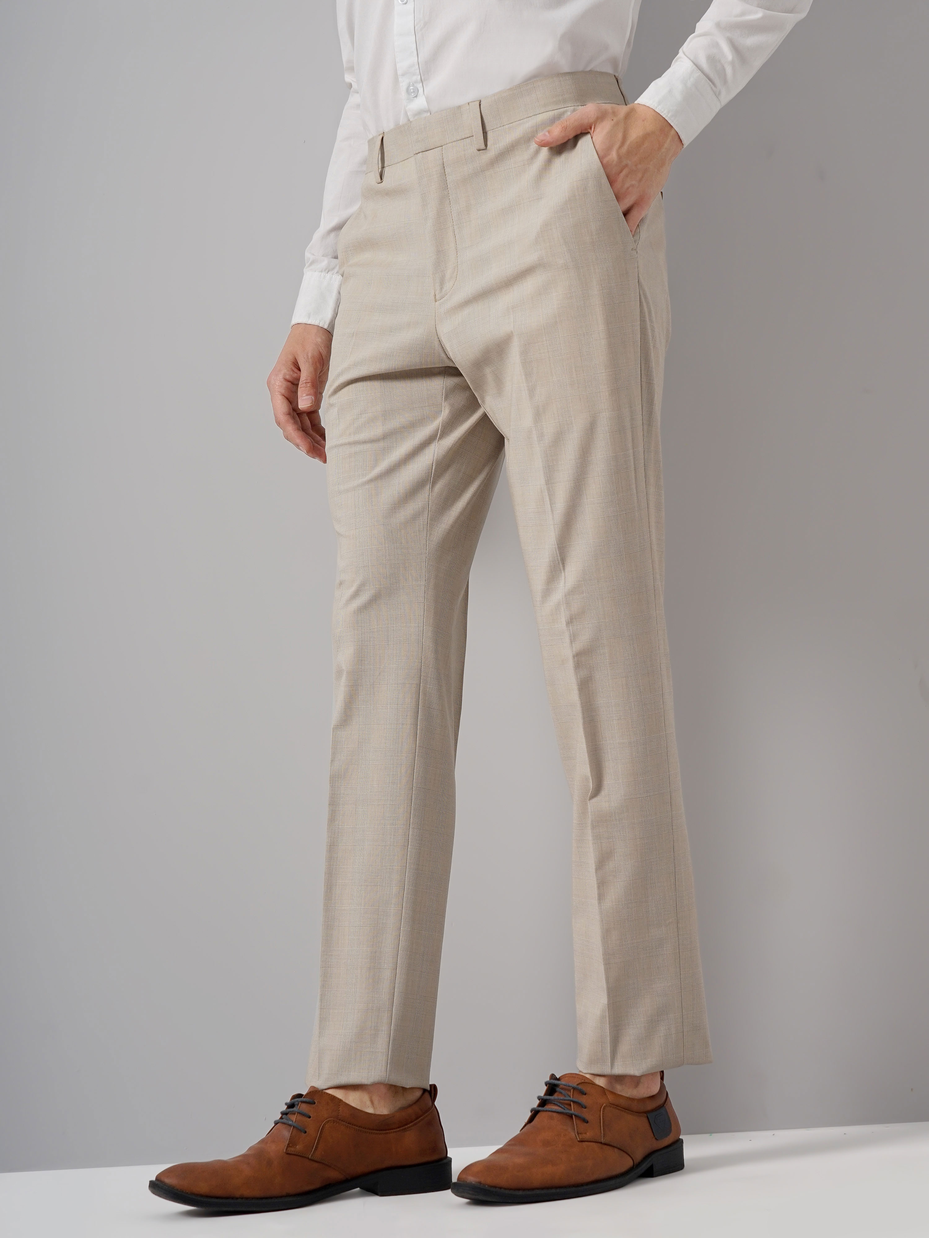 Celio Men Beige Solid Regular Fit Polyester Suit Pants Trouser
