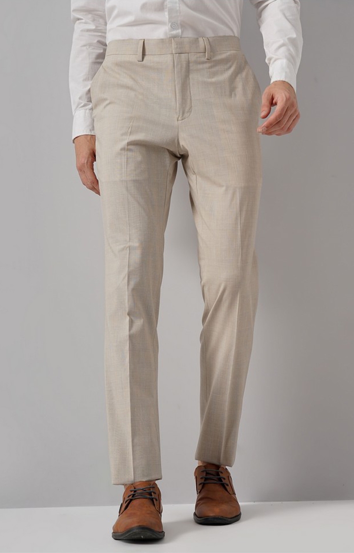 celio | Celio Men Beige Solid Regular Fit Polyester Suit Pants Trouser