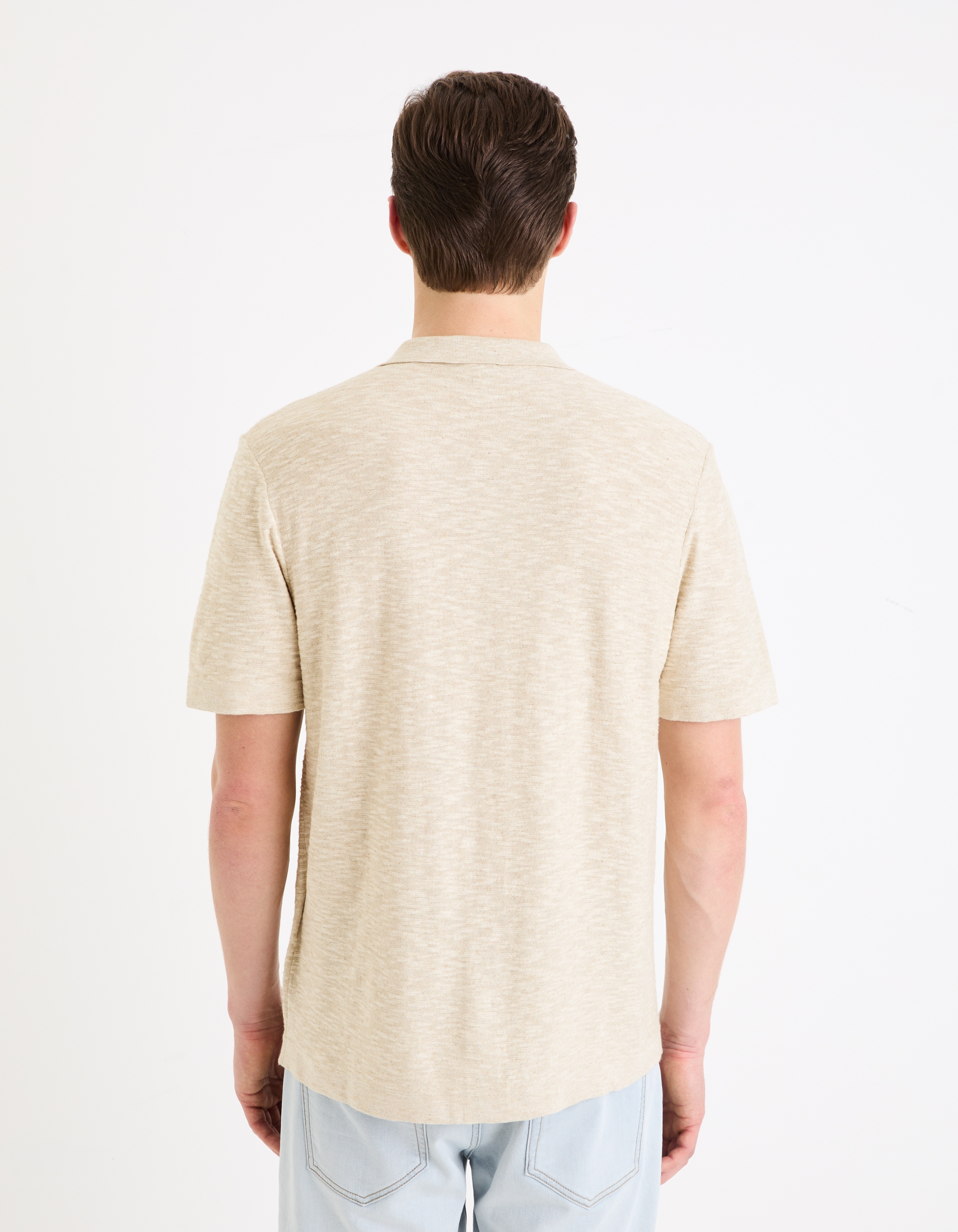 Celio Men Beige Solid Regular Fit Cotton Linen Flat Knit Shirt