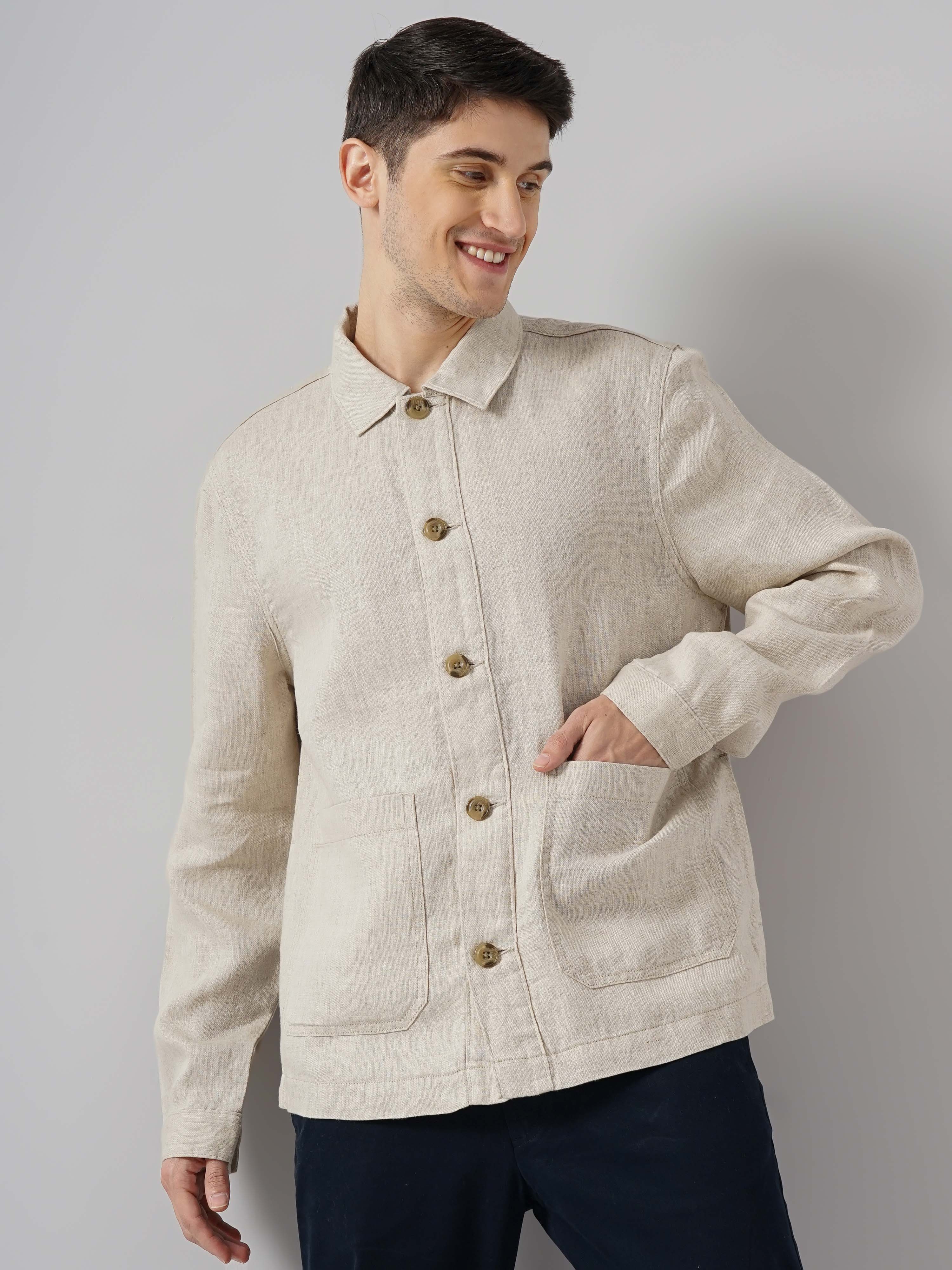 celio | Celio Men Off White Solid Regular Linen Casual Jackets