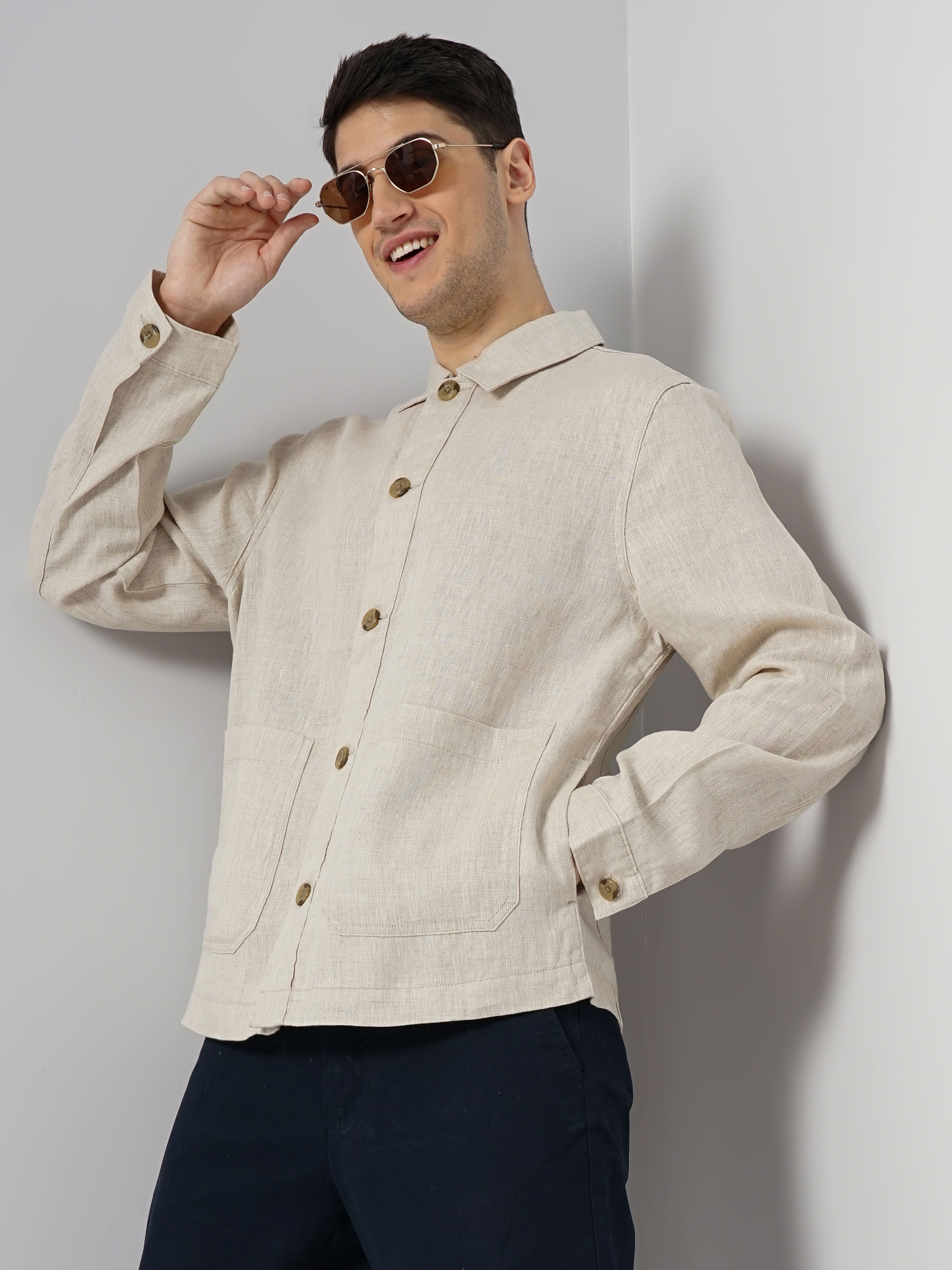 Celio Men Off White Solid Regular Linen Casual Jackets