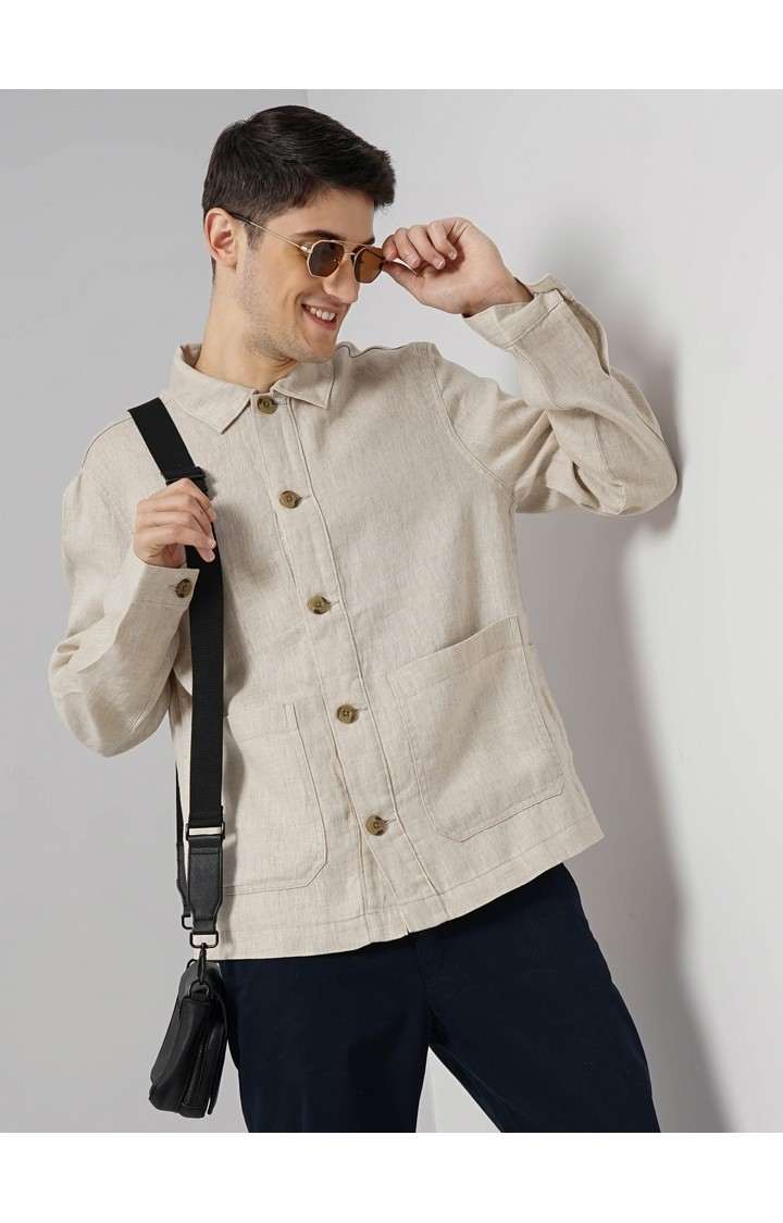 Celio Men Off White Solid Regular Linen Casual Jackets