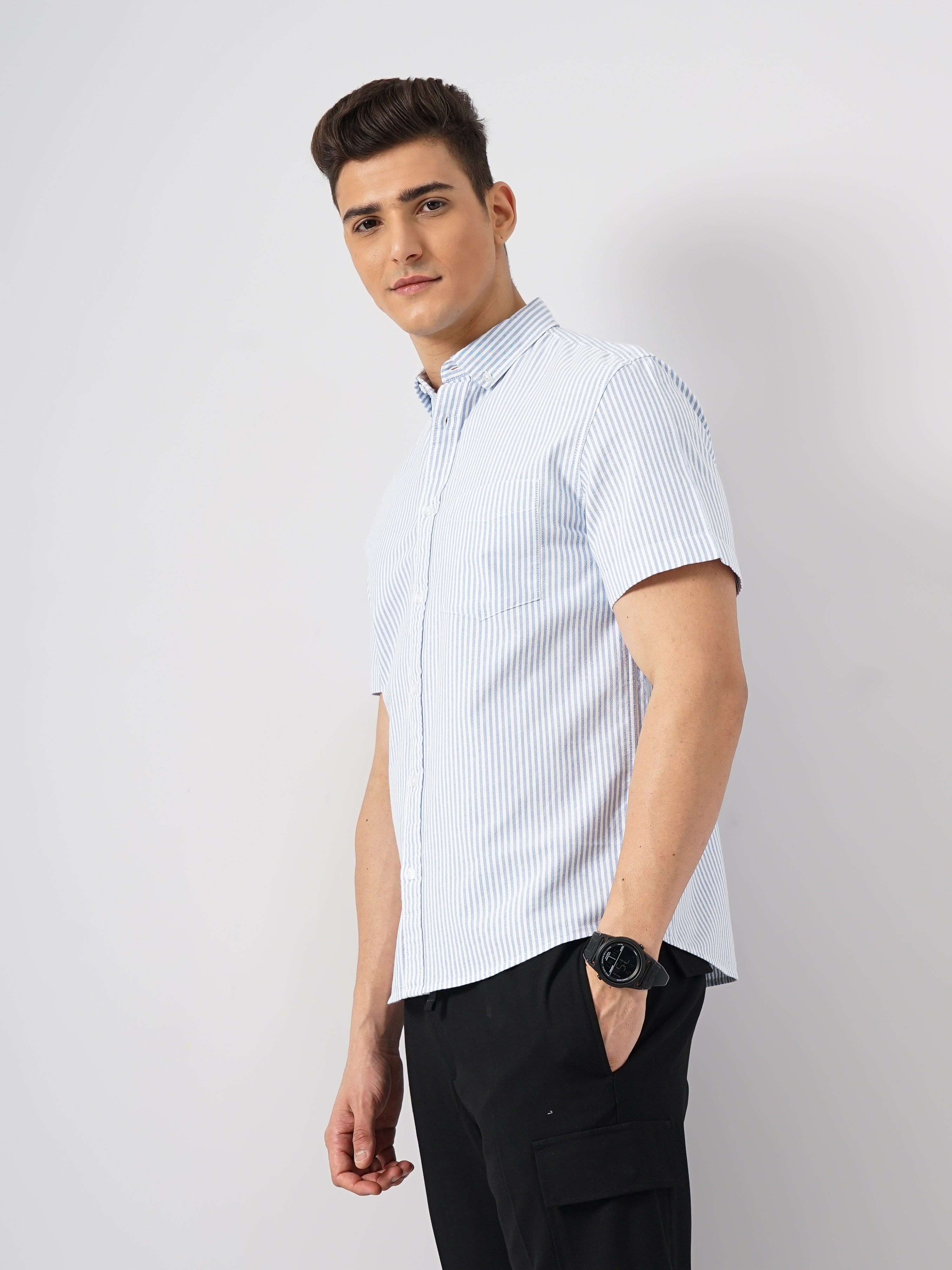 Celio Men Blue Striped Regular Fit Cotton Shirt