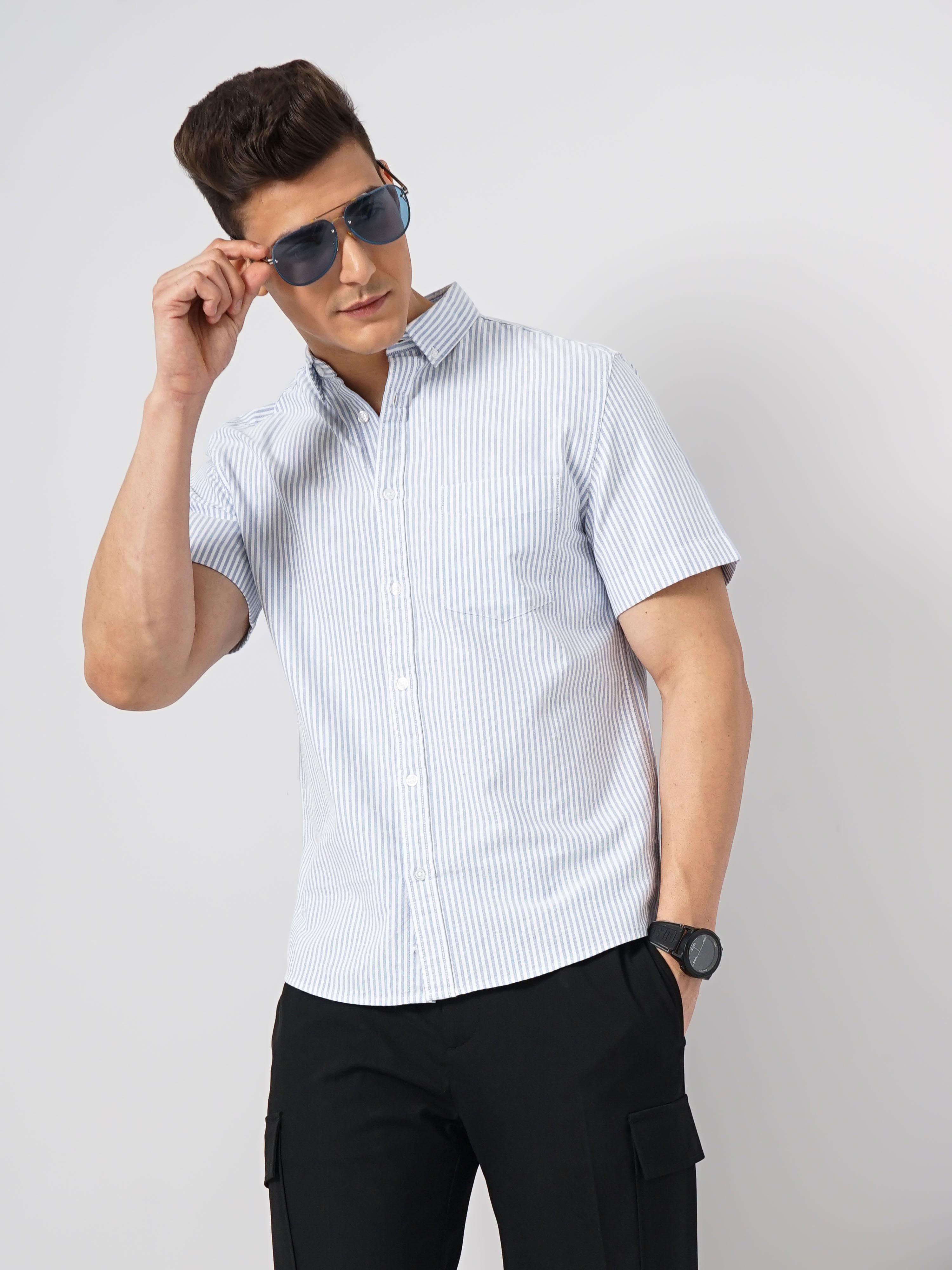 celio | Celio Men Blue Striped Regular Fit Cotton Shirt