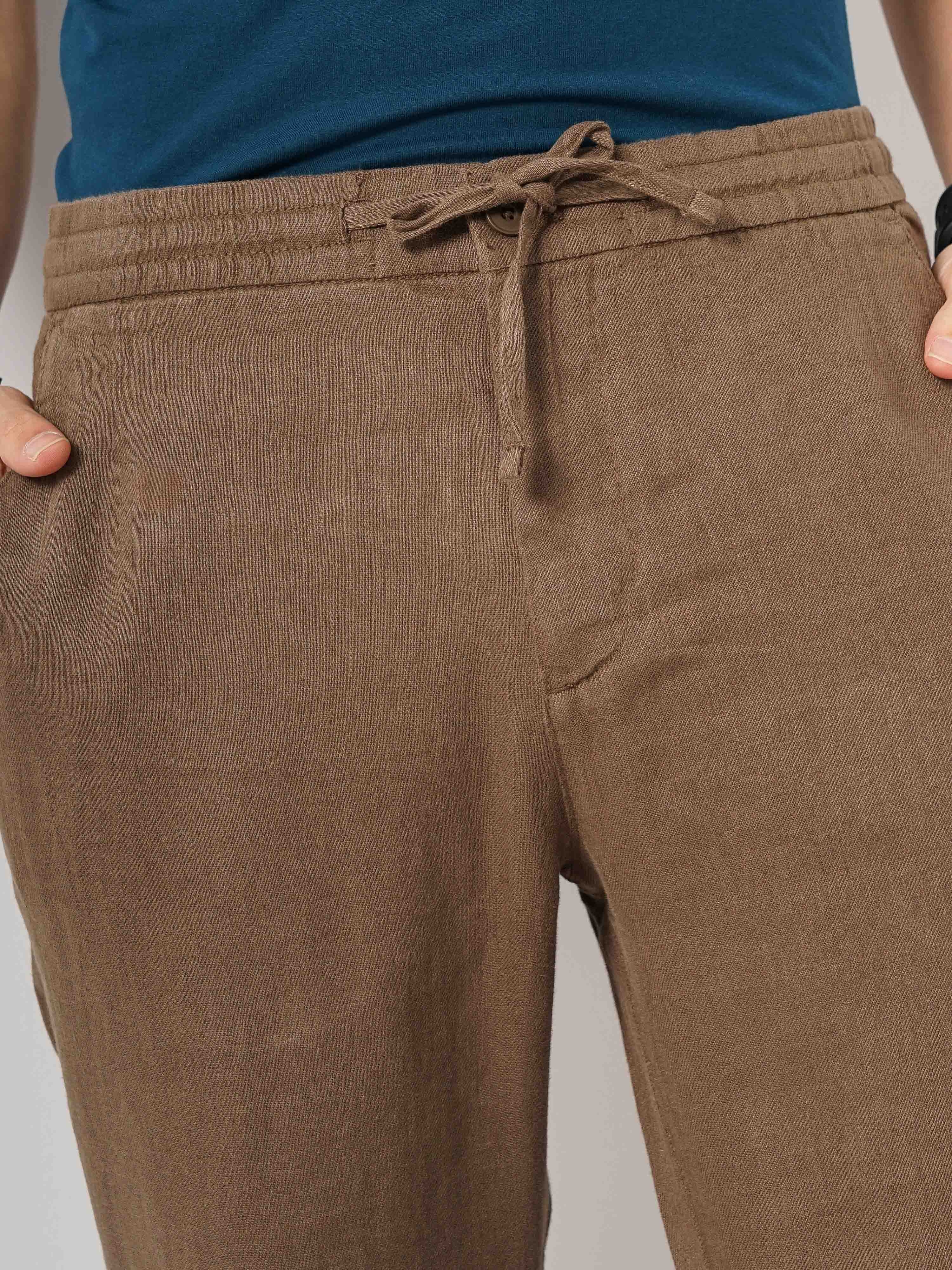 Celio Men Brown Solid Regular Fit Linen Trouser
