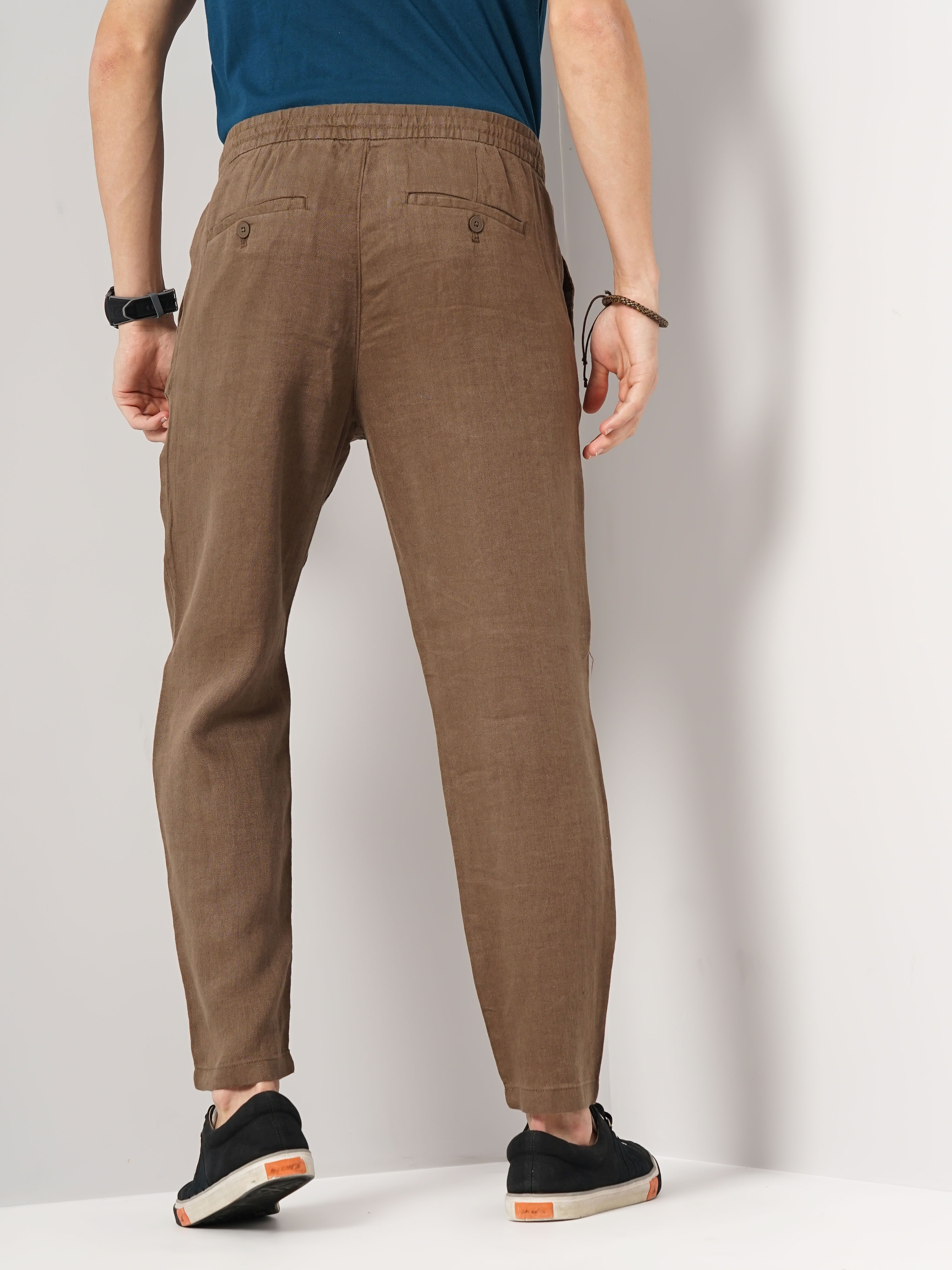 Celio Men Brown Solid Regular Fit Linen Trouser