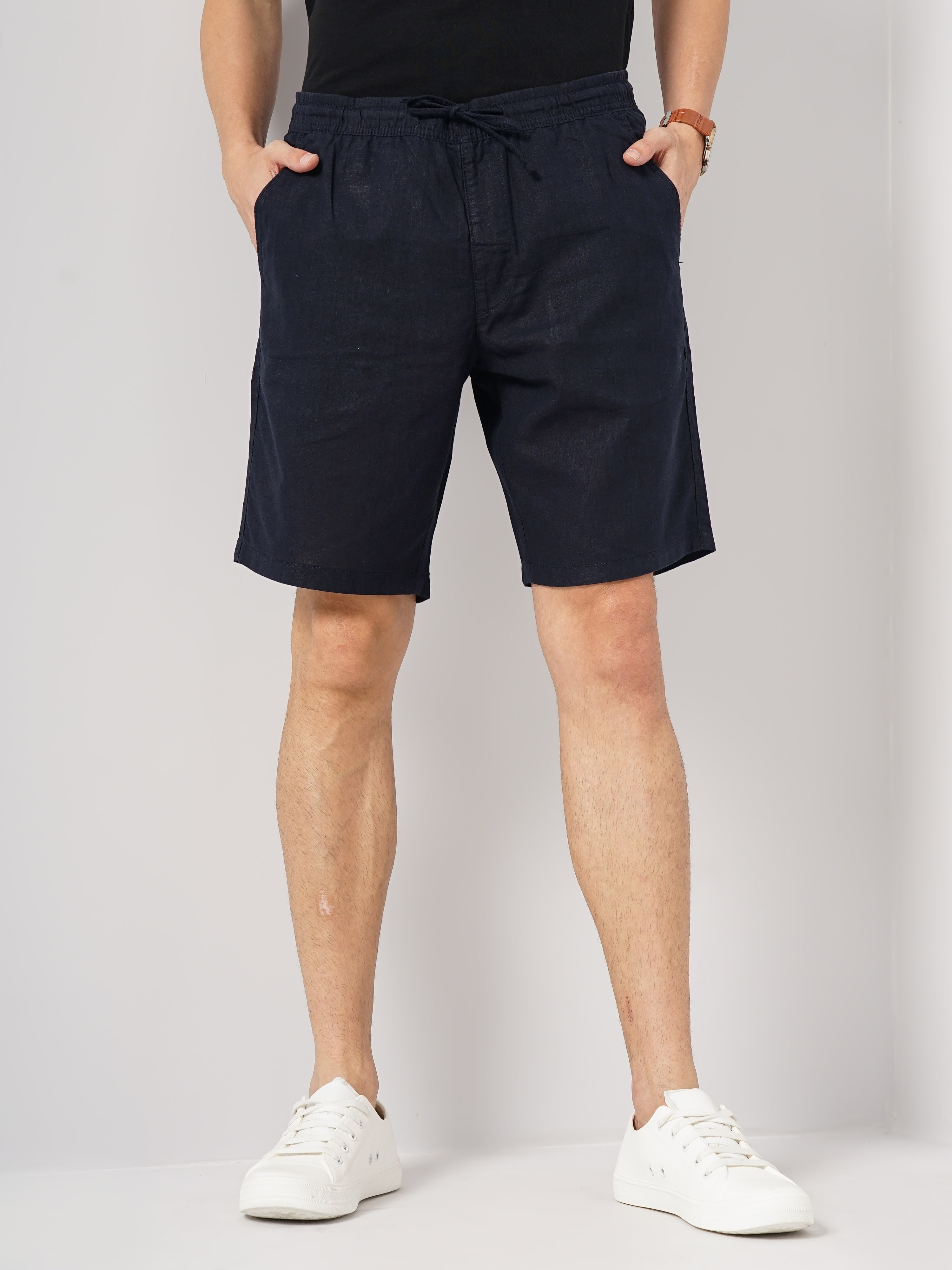Celio Men Navy Blue Solid Loose Fit Linen Casual Shorts