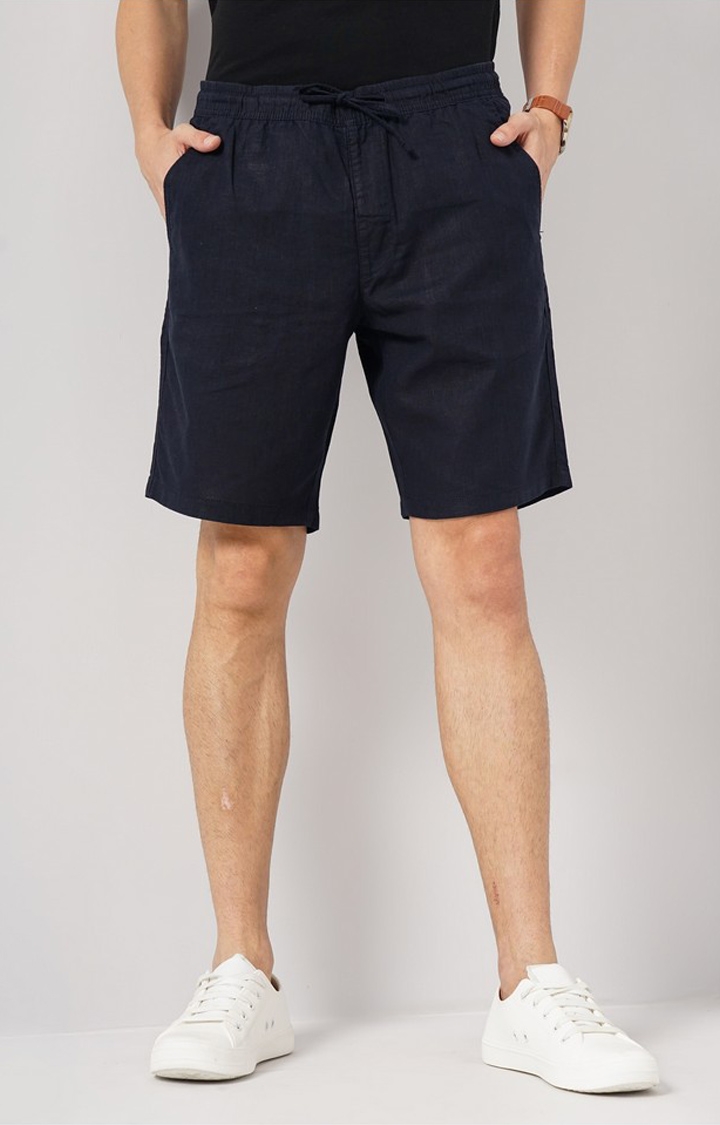 celio | Celio Men Navy Blue Solid Loose Fit Linen Casual Shorts