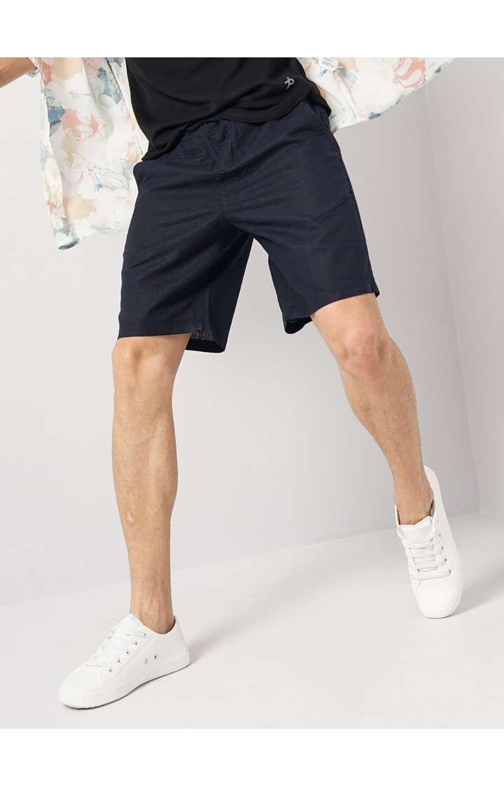 Celio Men Navy Blue Solid Loose Fit Linen Casual Shorts