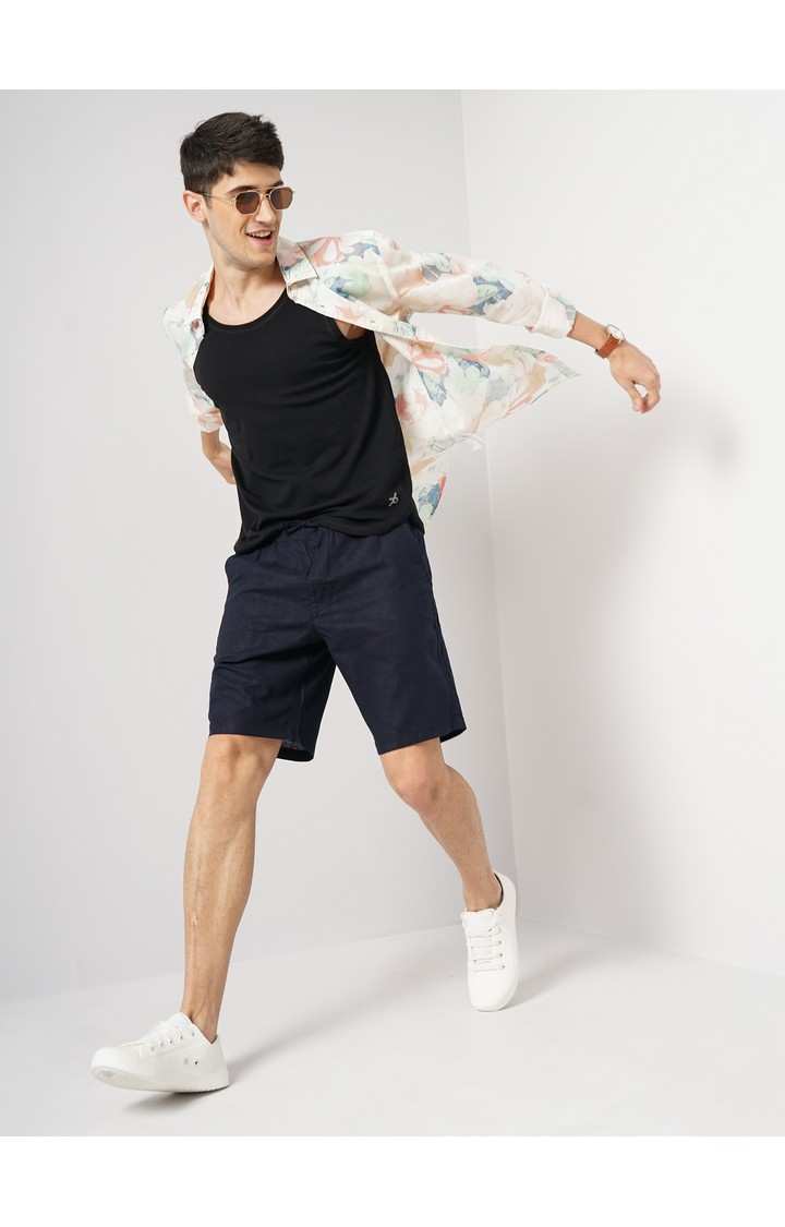 Celio Men Navy Blue Solid Loose Fit Linen Casual Shorts