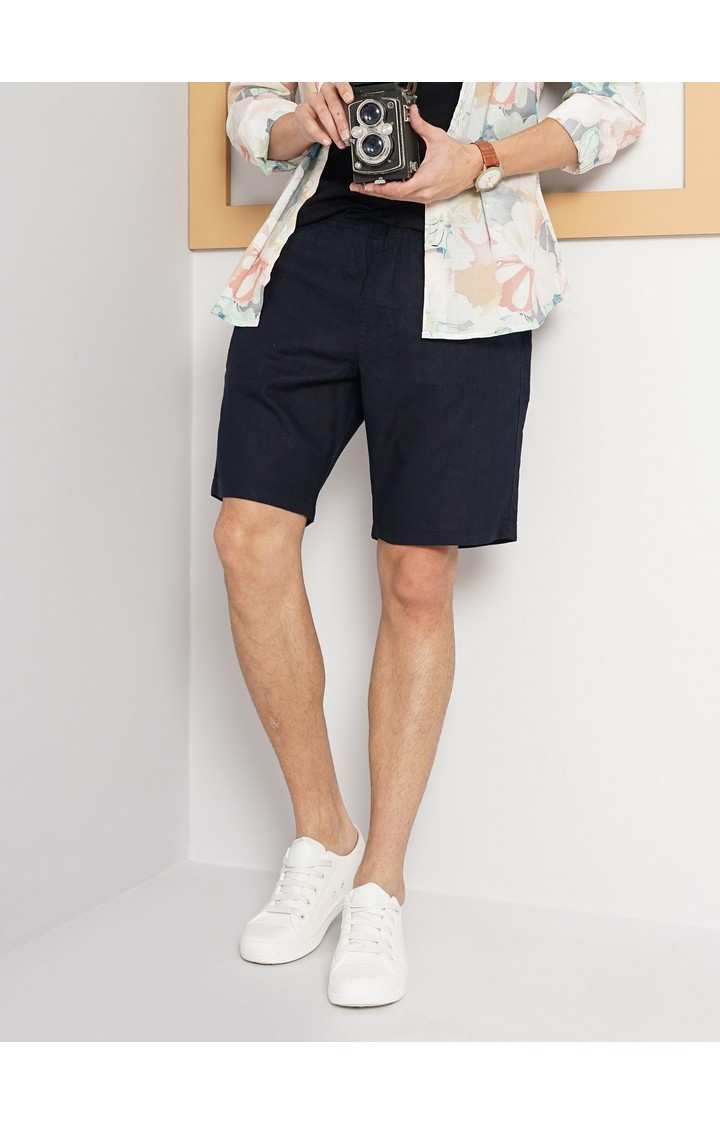 Celio Men Navy Blue Solid Loose Fit Linen Casual Shorts