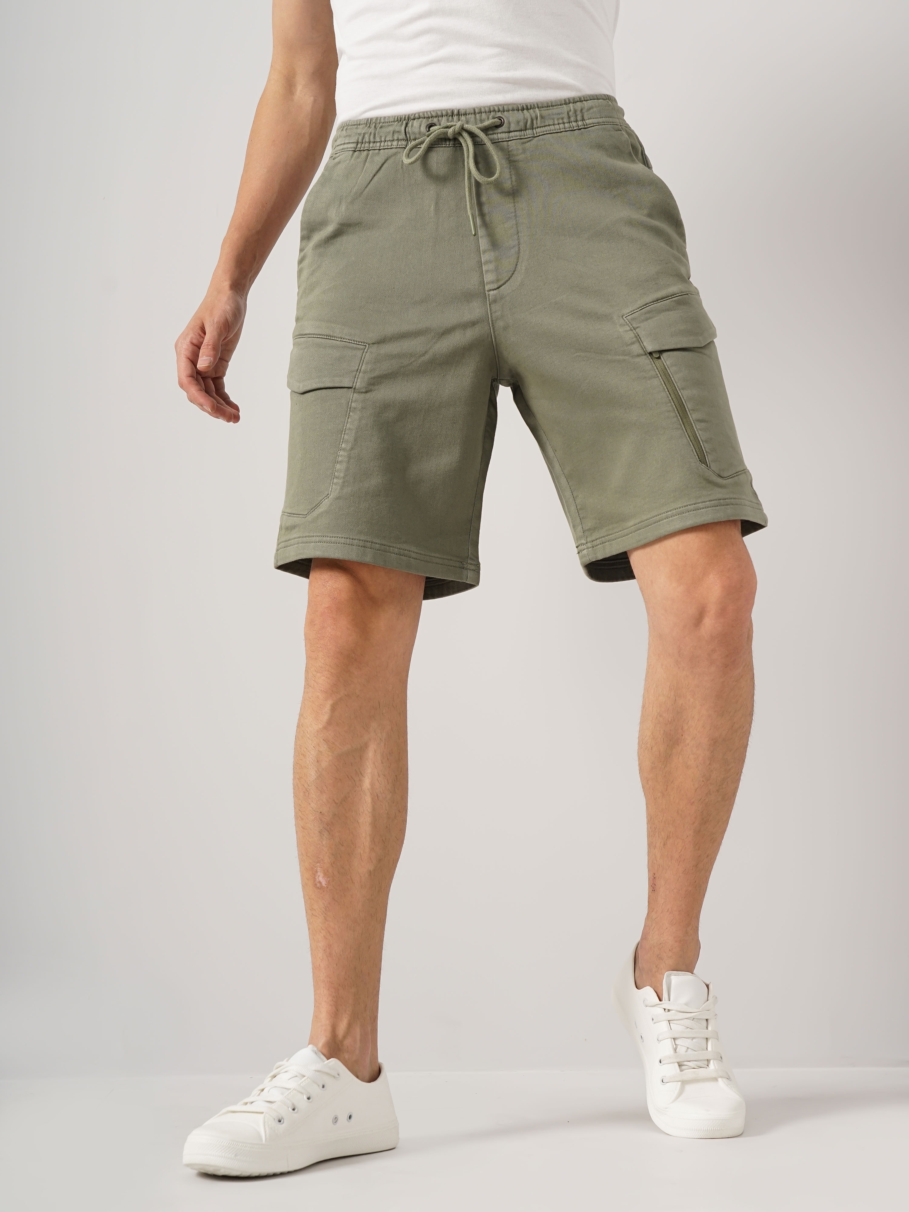 Celio Men Olive Solid Loose Fit Cotton Casual Shorts