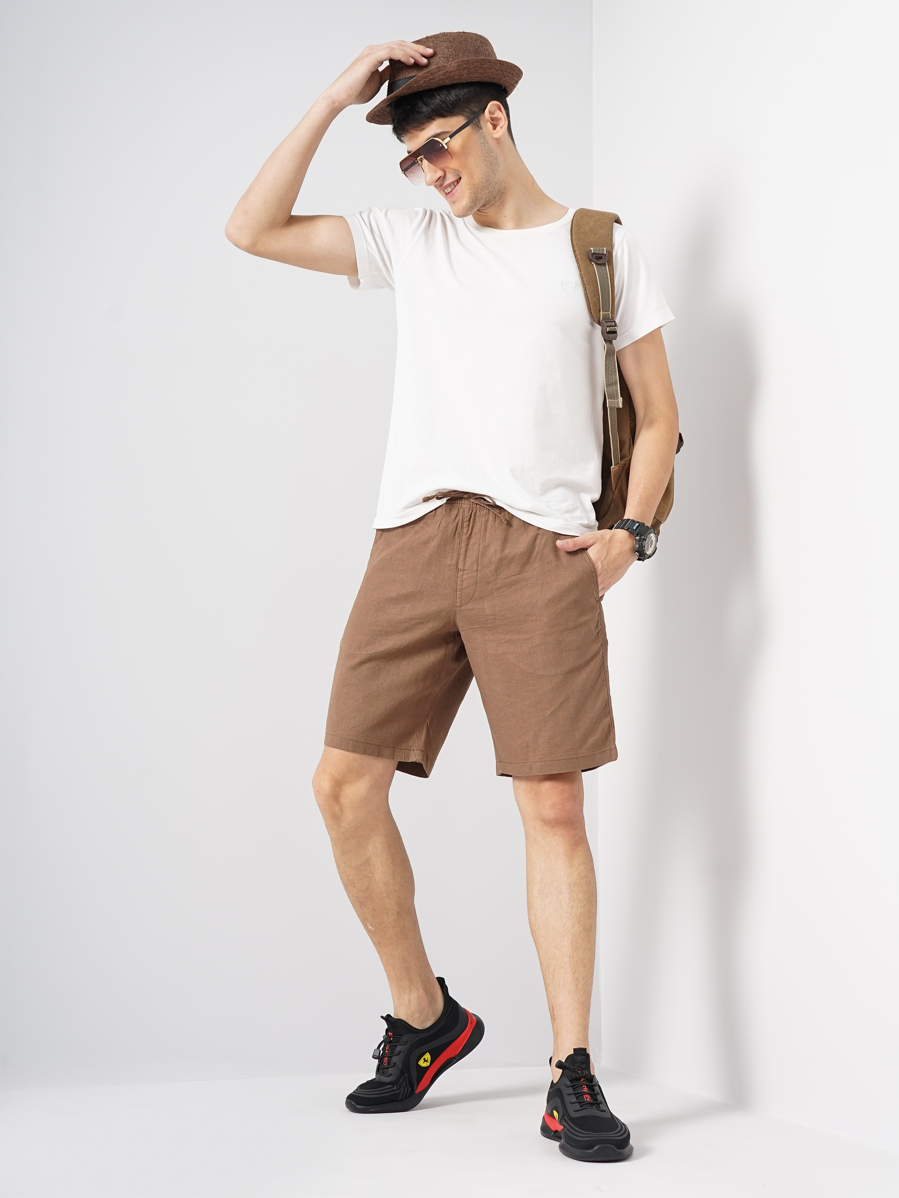Celio Men Brown Solid Loose Fit Linen Casual Shorts