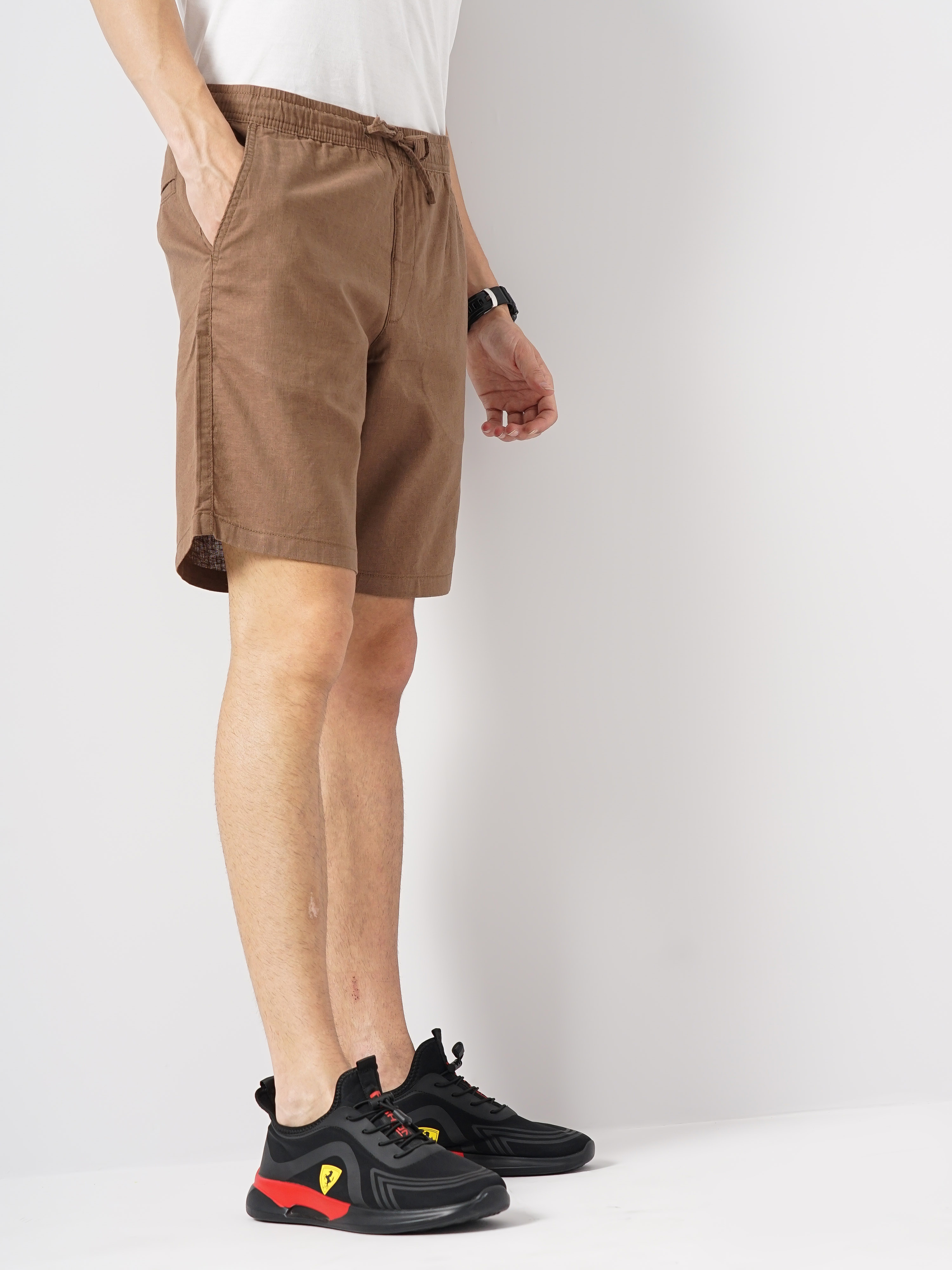 Celio Men Brown Solid Loose Fit Linen Casual Shorts