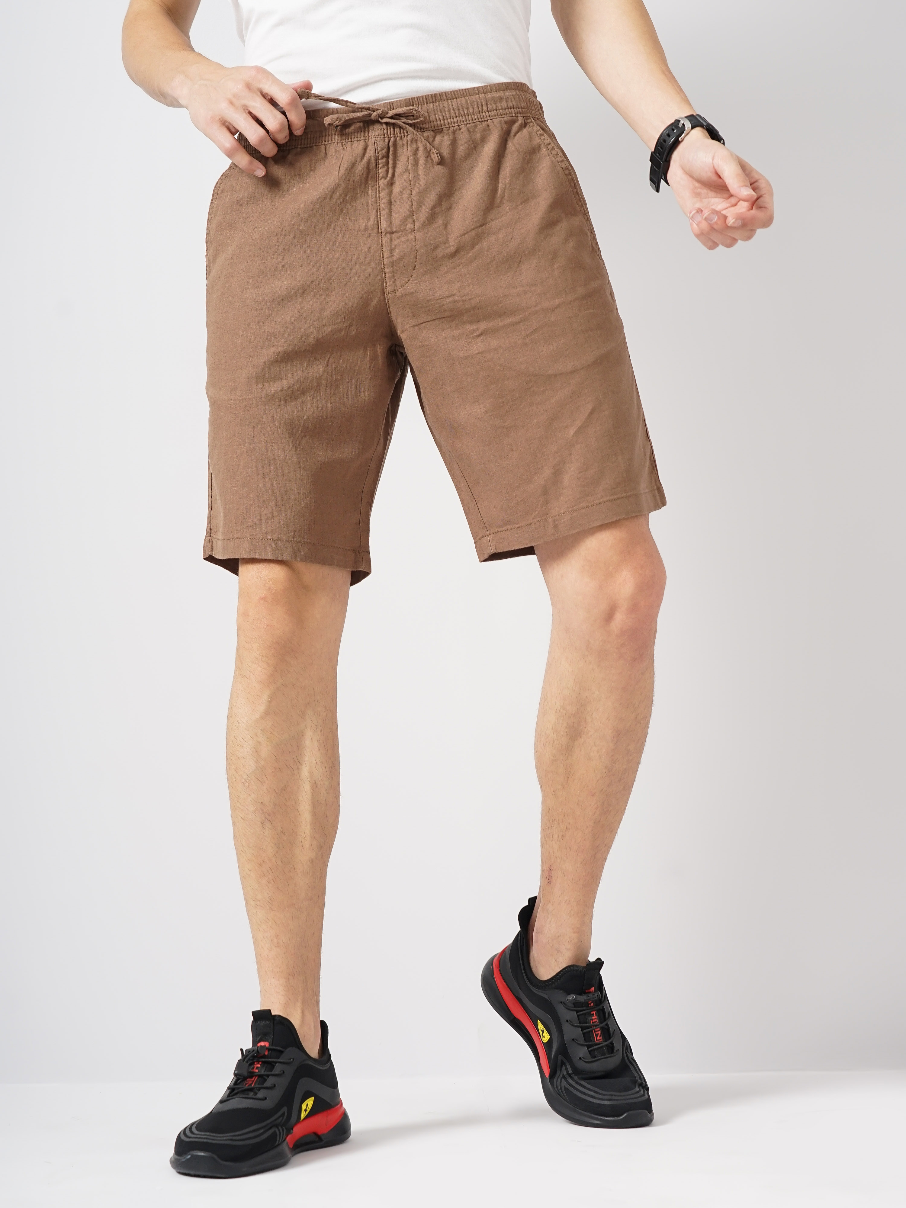celio | Celio Men Brown Solid Loose Fit Linen Casual Shorts