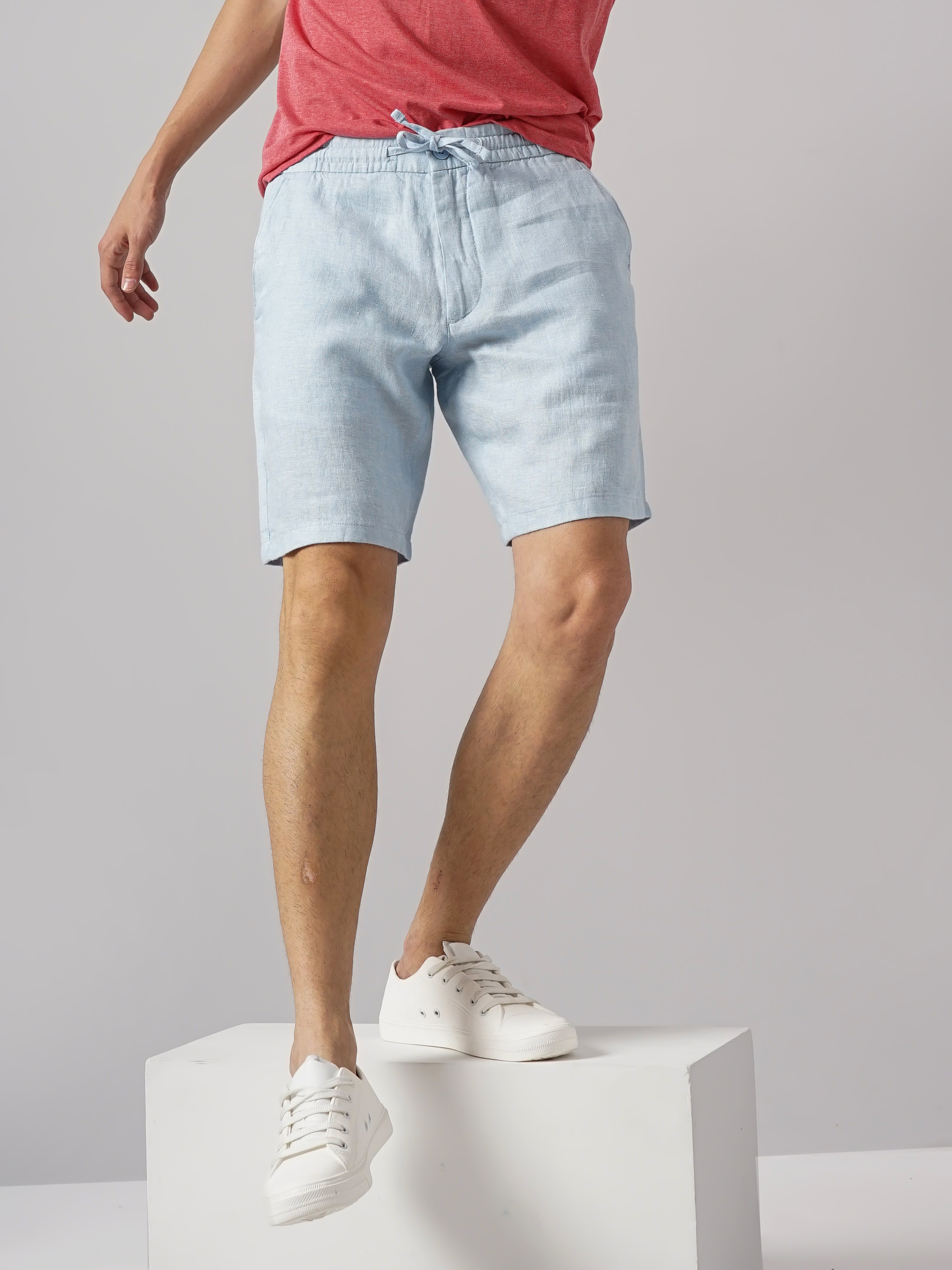 Celio Men Blue Solid Loose Fit Linen Casual Shorts