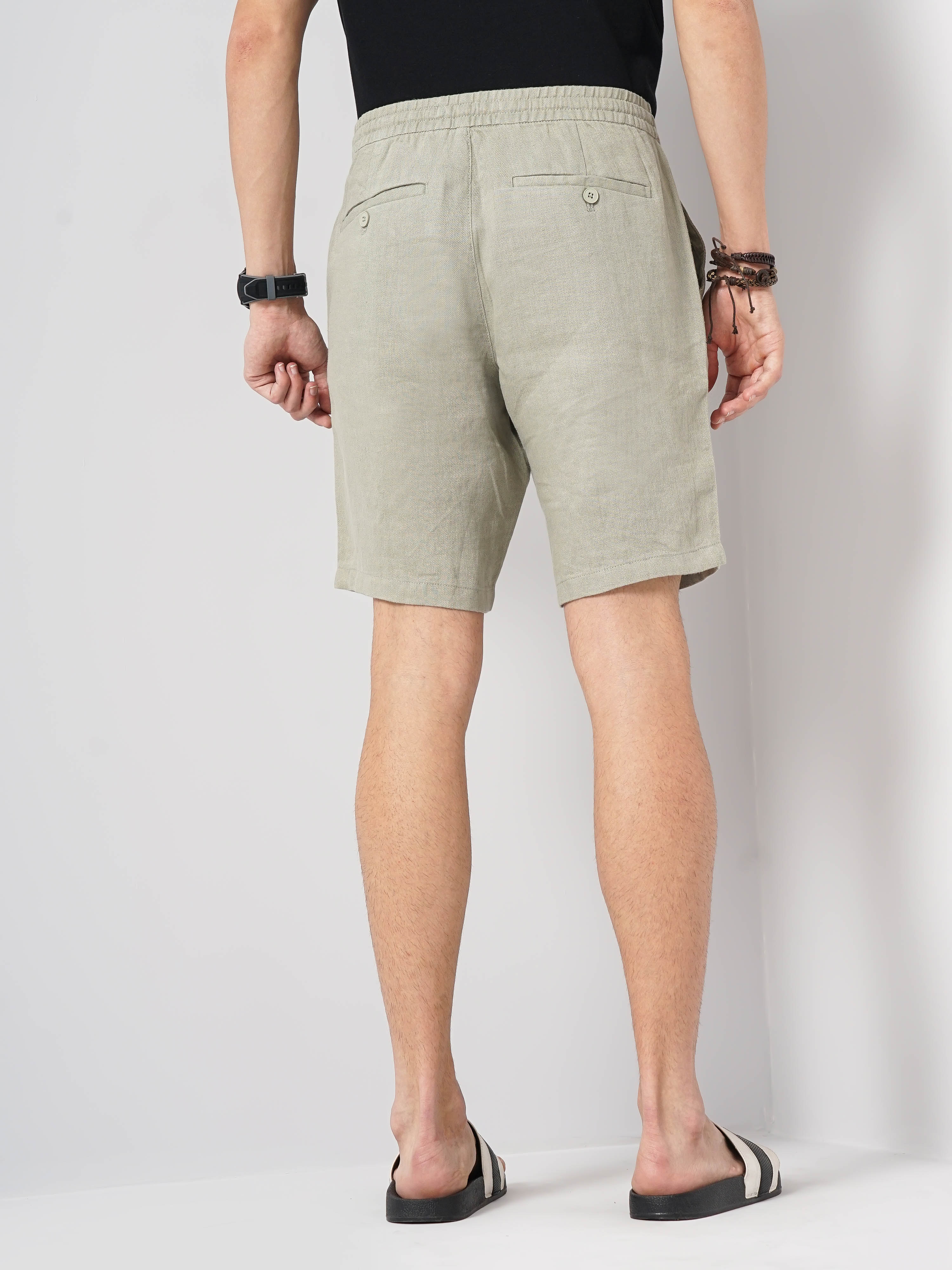 Celio Men Green Solid Loose Fit Linen Casual Shorts
