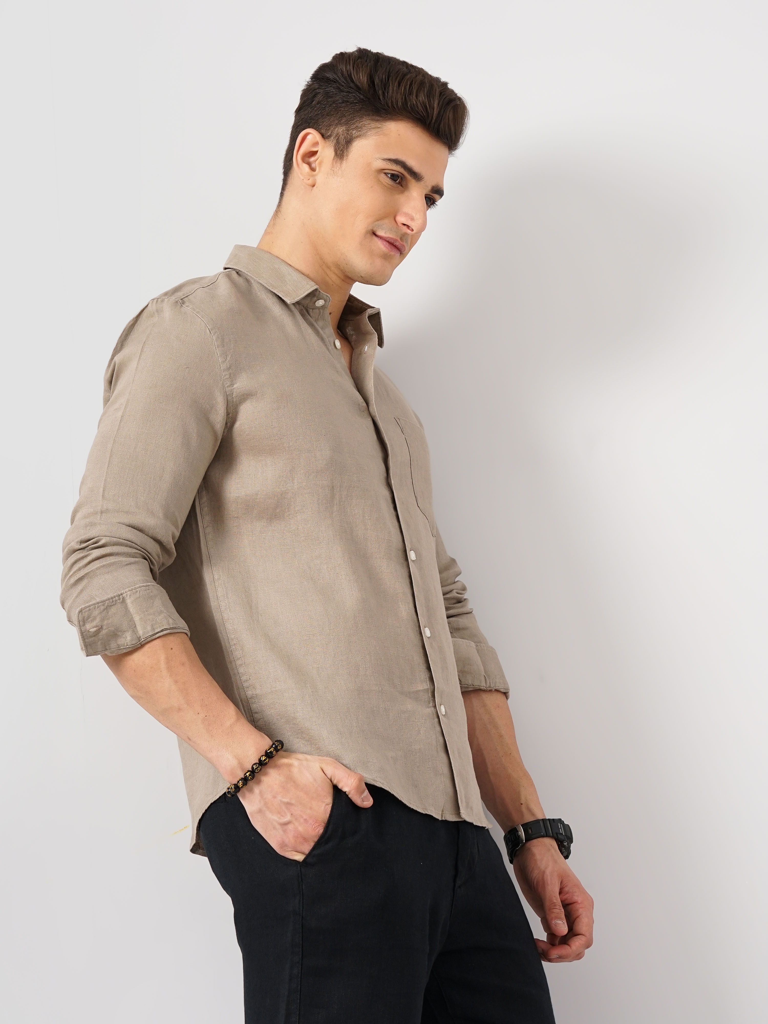 Celio Men Beige Solid Regular Fit Linen Shirt