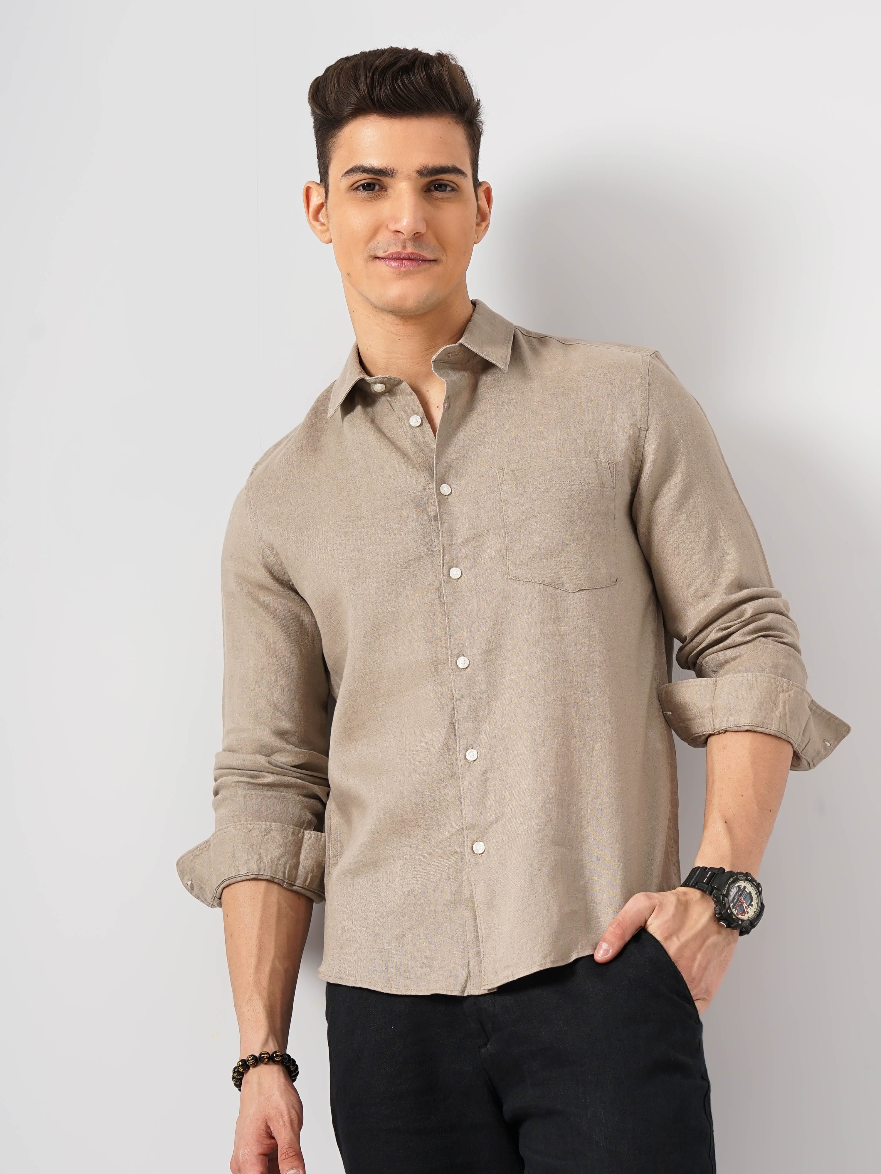 celio | Celio Men Beige Solid Regular Fit Linen Shirt