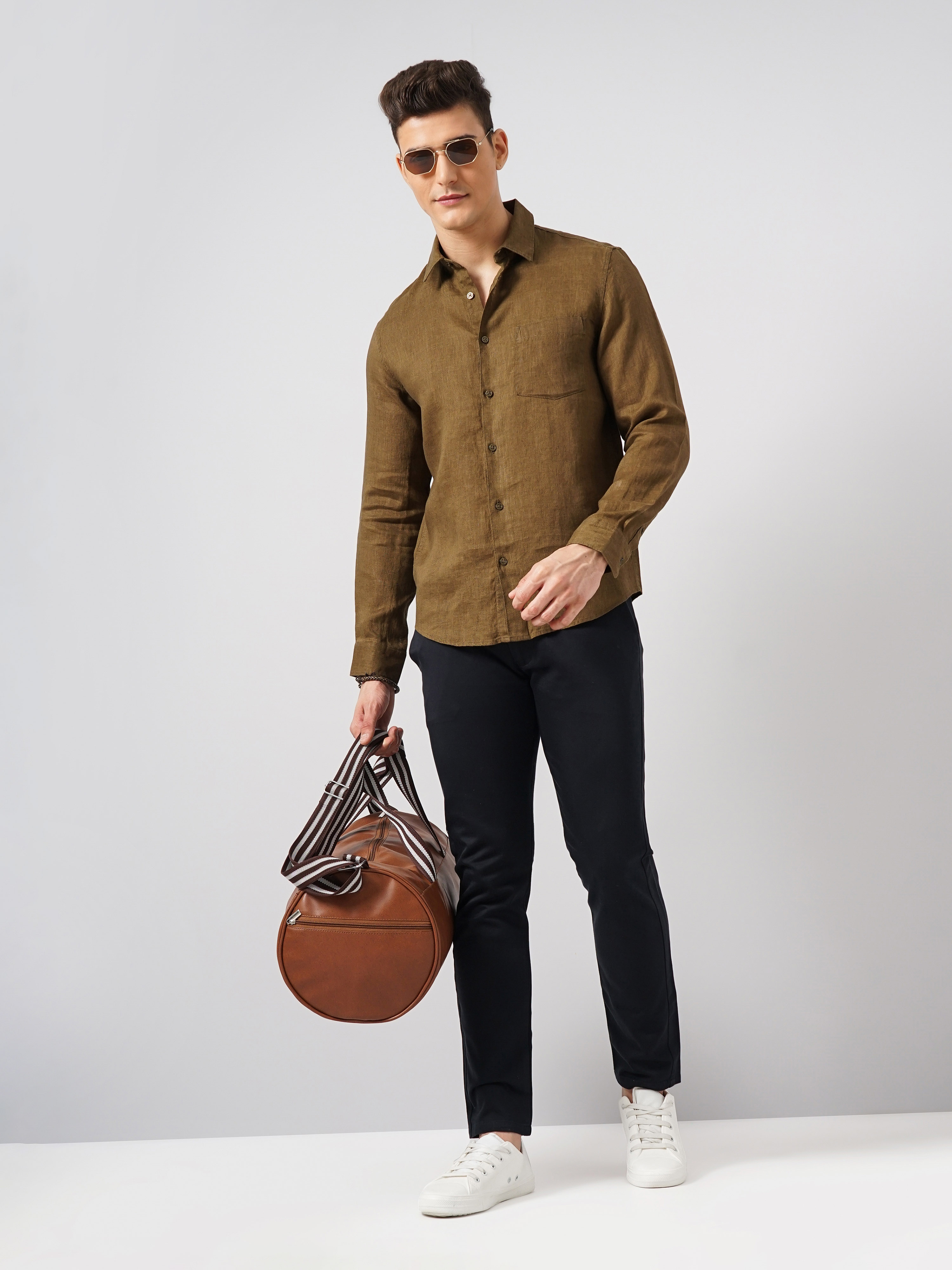 Celio Men Brown Solid Regular Fit Linen Shirt