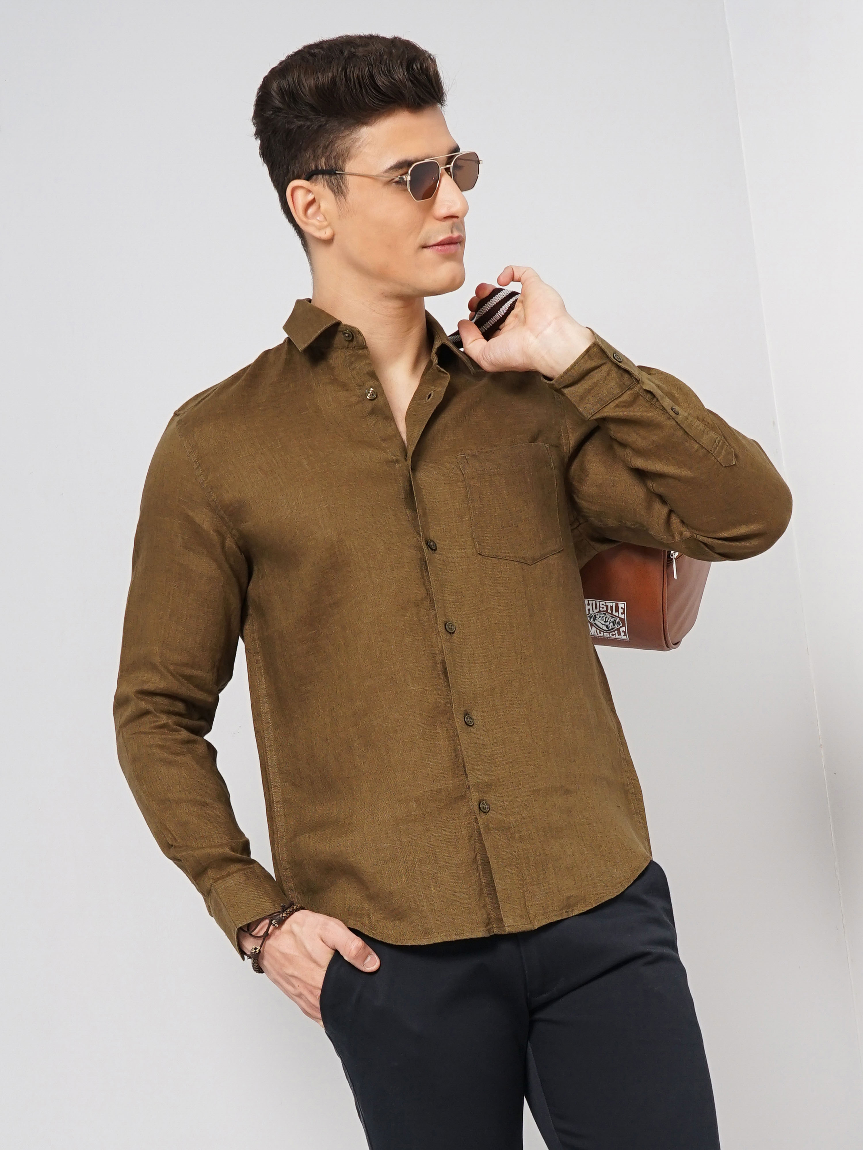 celio | Celio Men Brown Solid Regular Fit Linen Shirt