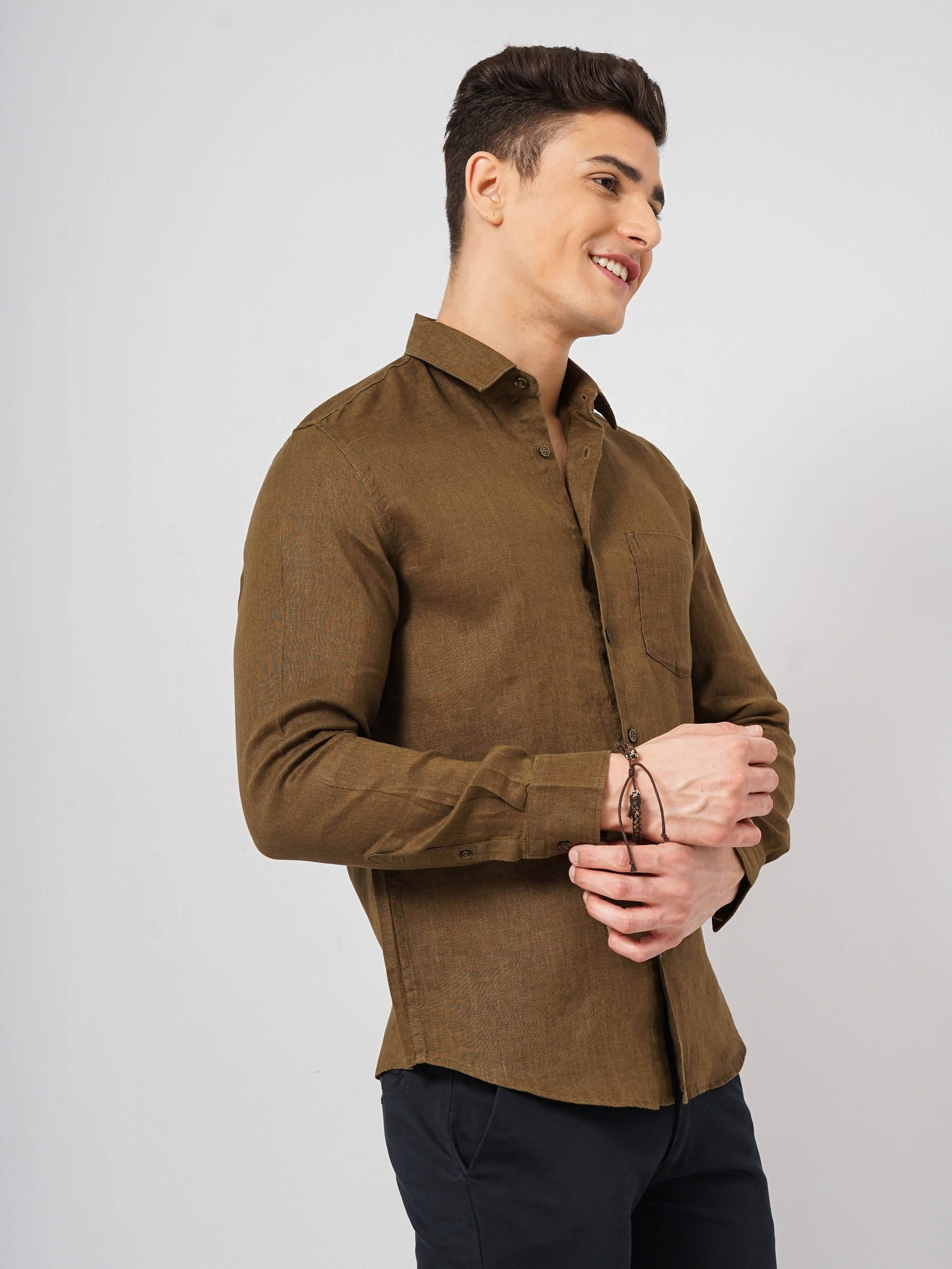 Celio Men Brown Solid Regular Fit Linen Shirt