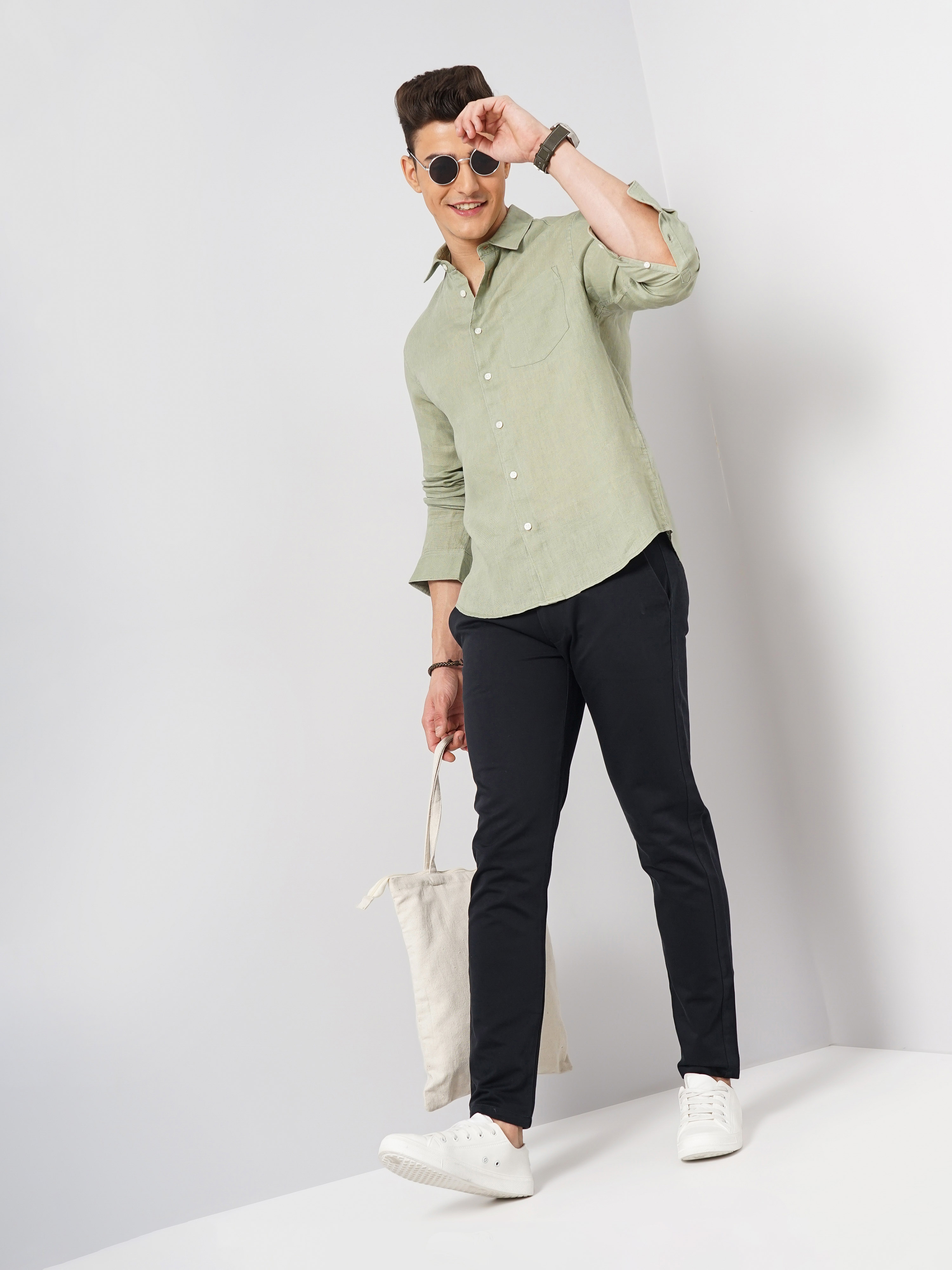 Celio Men Green Solid Regular Fit Linen Shirt