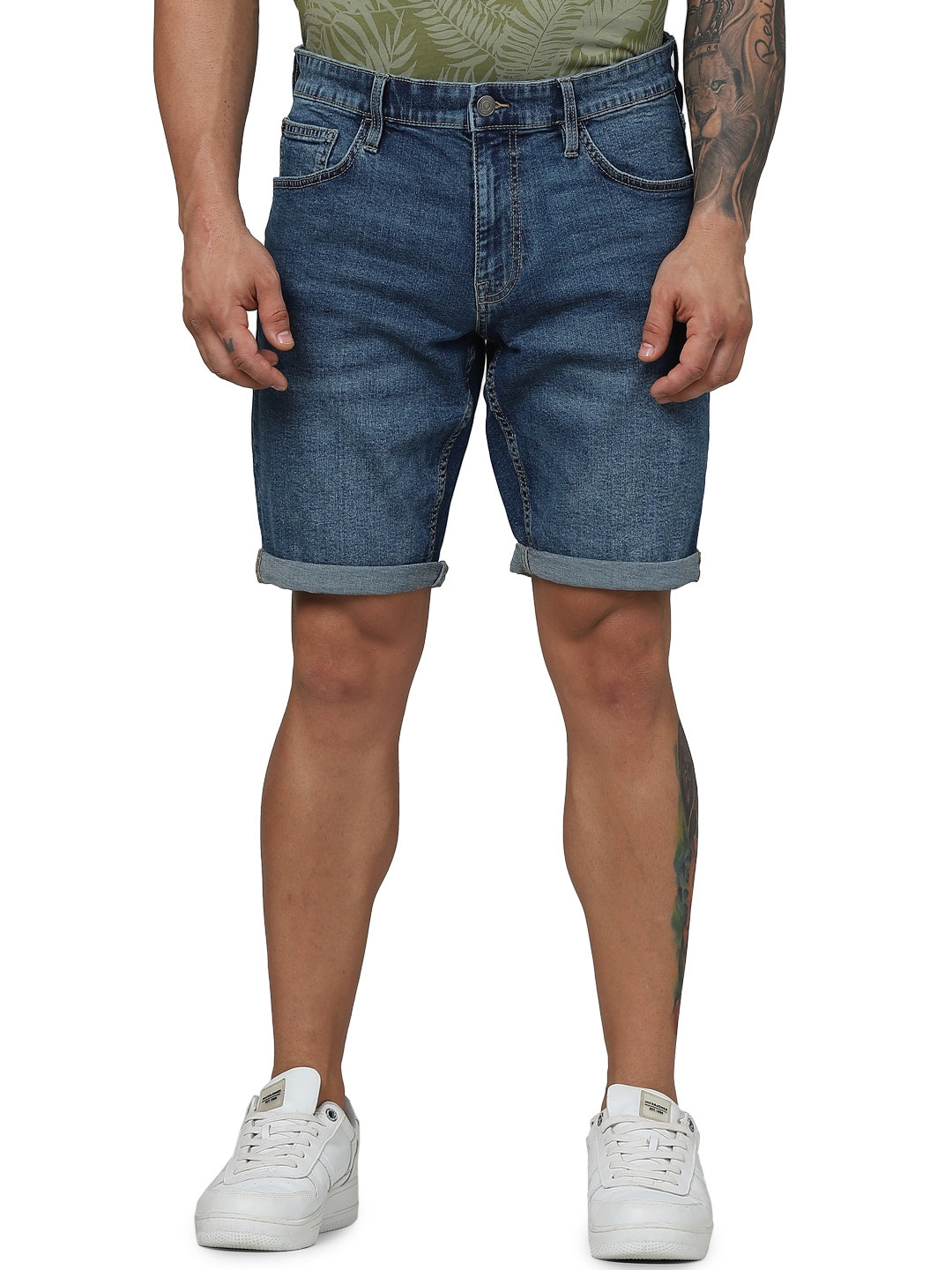 Celio Men Blue Solid Slim Fit Cotton Twill Denim Casual Shorts