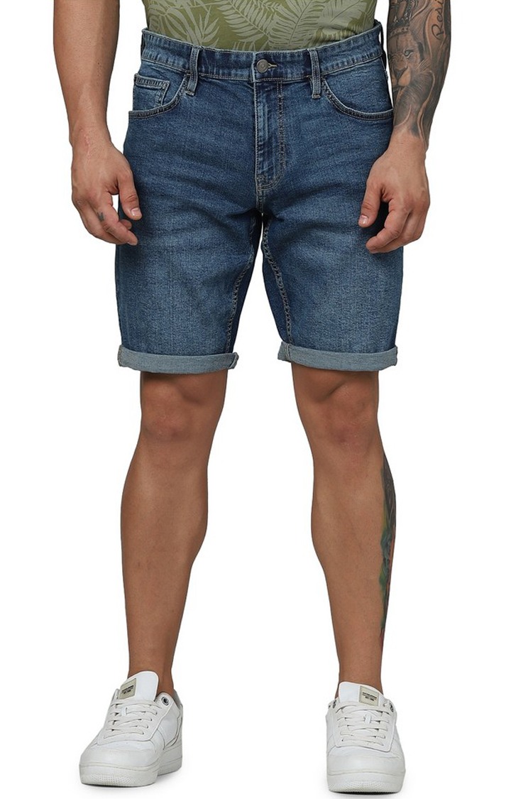 Celio Men Blue Solid Slim Fit Cotton Twill Denim Casual Shorts