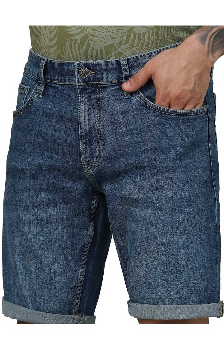 Celio Men Blue Solid Slim Fit Cotton Twill Denim Casual Shorts