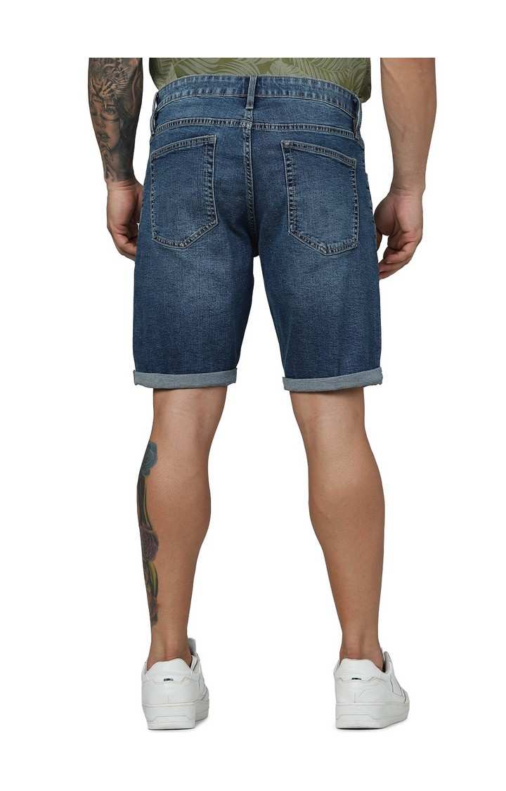 Celio Men Blue Solid Slim Fit Cotton Twill Denim Casual Shorts