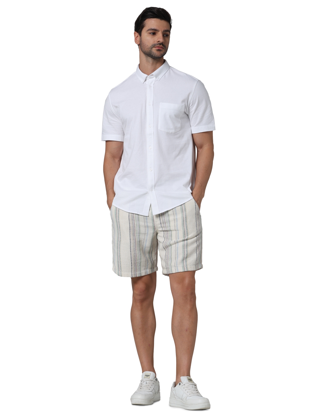 Celio Men Off White Striped Regular Fit Cotton Fashion Shorts