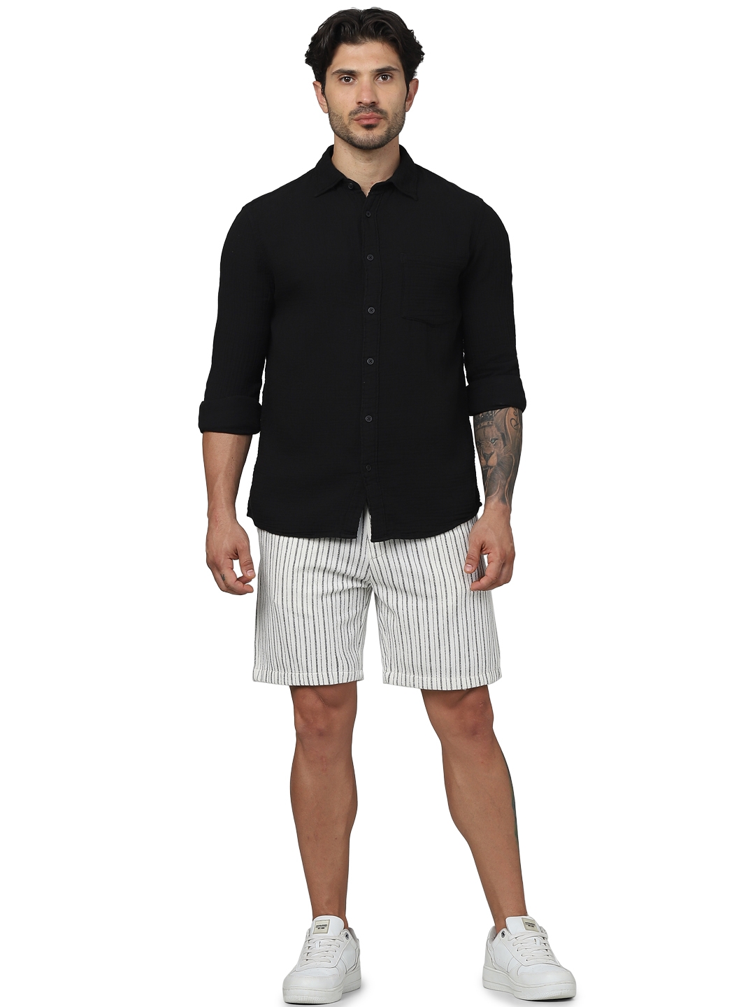 Celio Men Beige Striped Regular Fit Polyester Fashion Casual Shorts