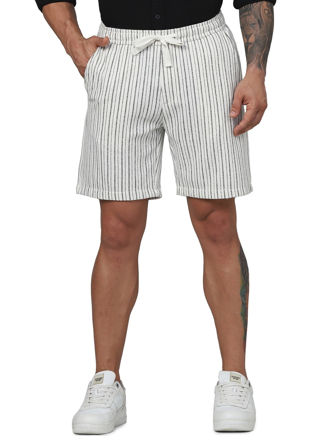 Celio Men Beige Striped Regular Fit Polyester Fashion Casual Shorts