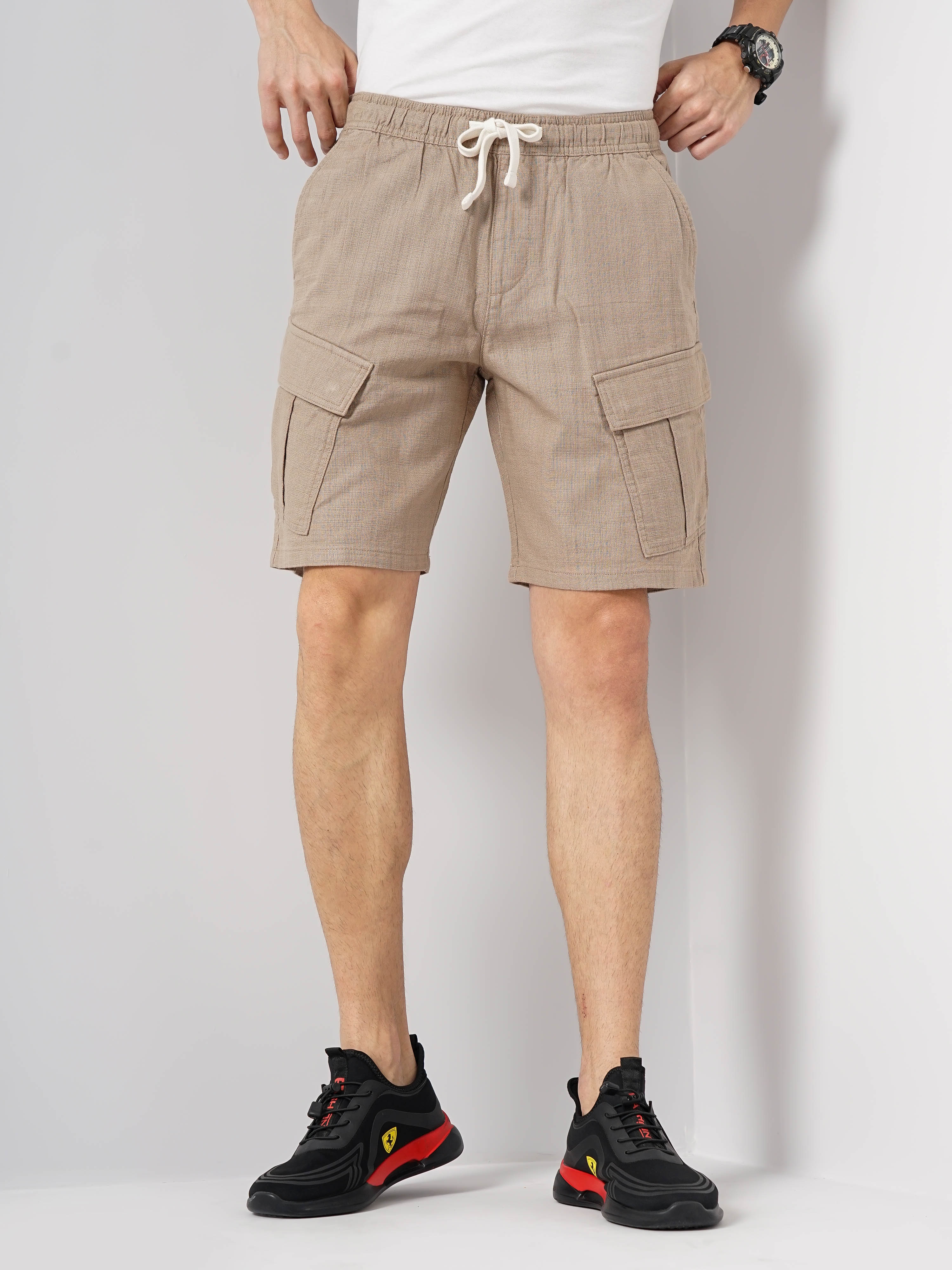 Celio Men Beige Solid Loose Fit Cotton Cargo Casual Shorts