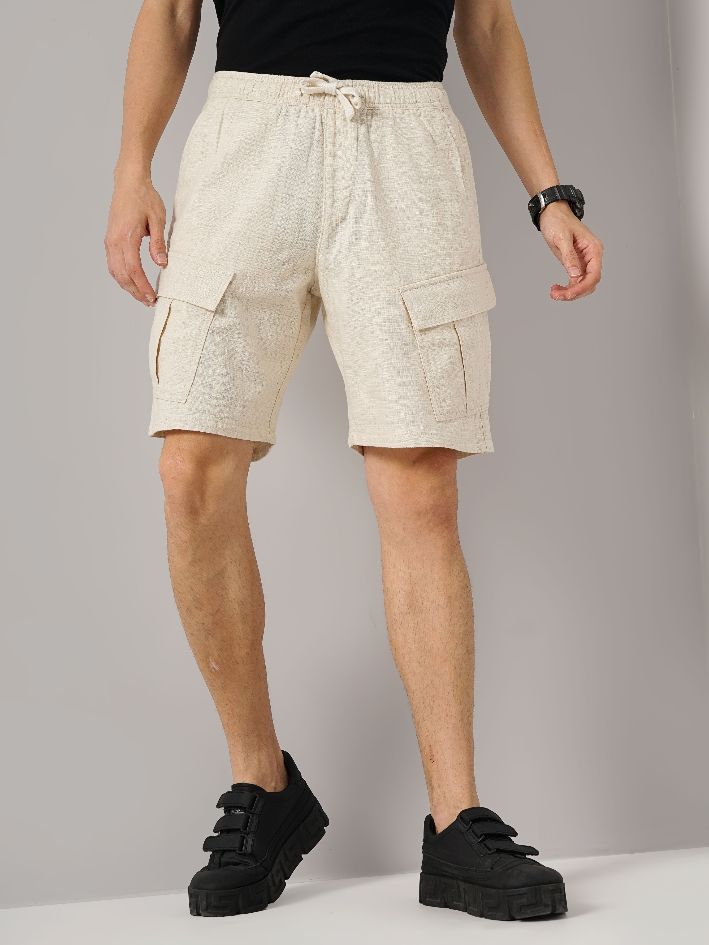 celio | Celio Men Beige Solid Loose Fit Cotton Cargo Casual Shorts
