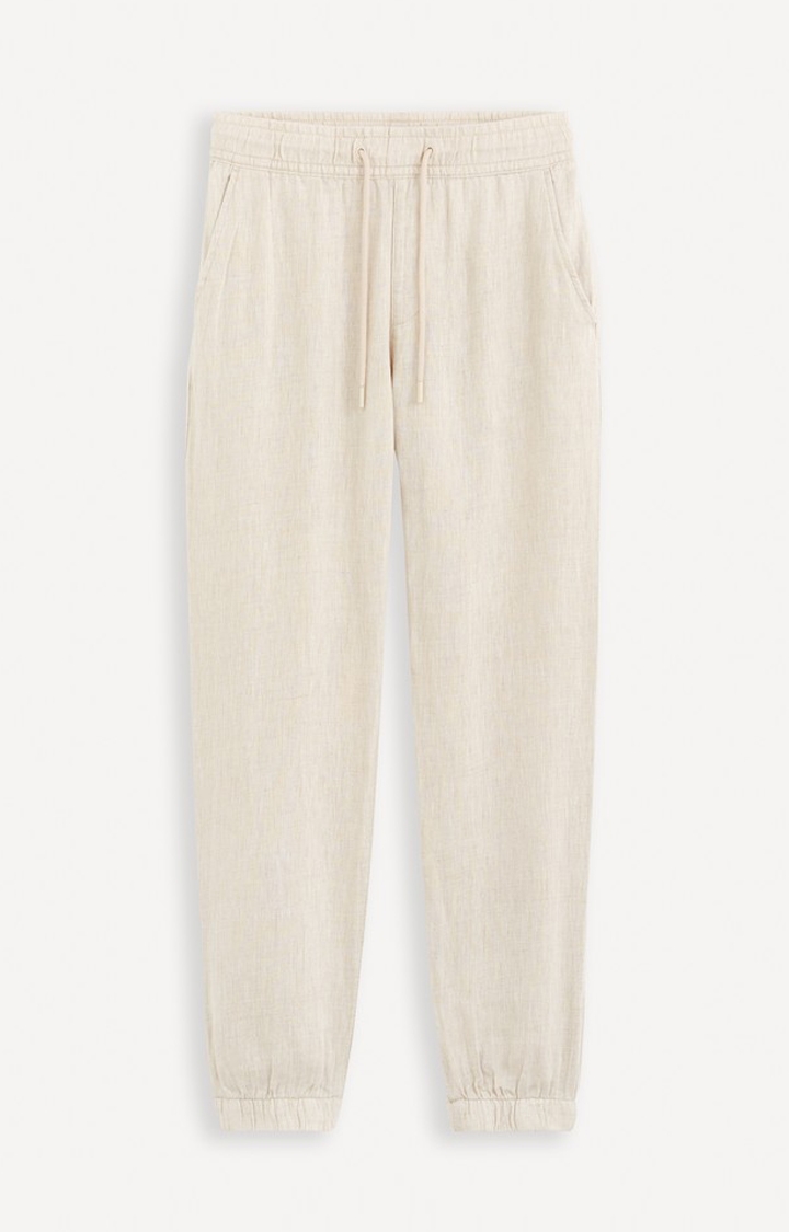 celio | Celio Men Off White Solid Regular Fit Linen Trousers