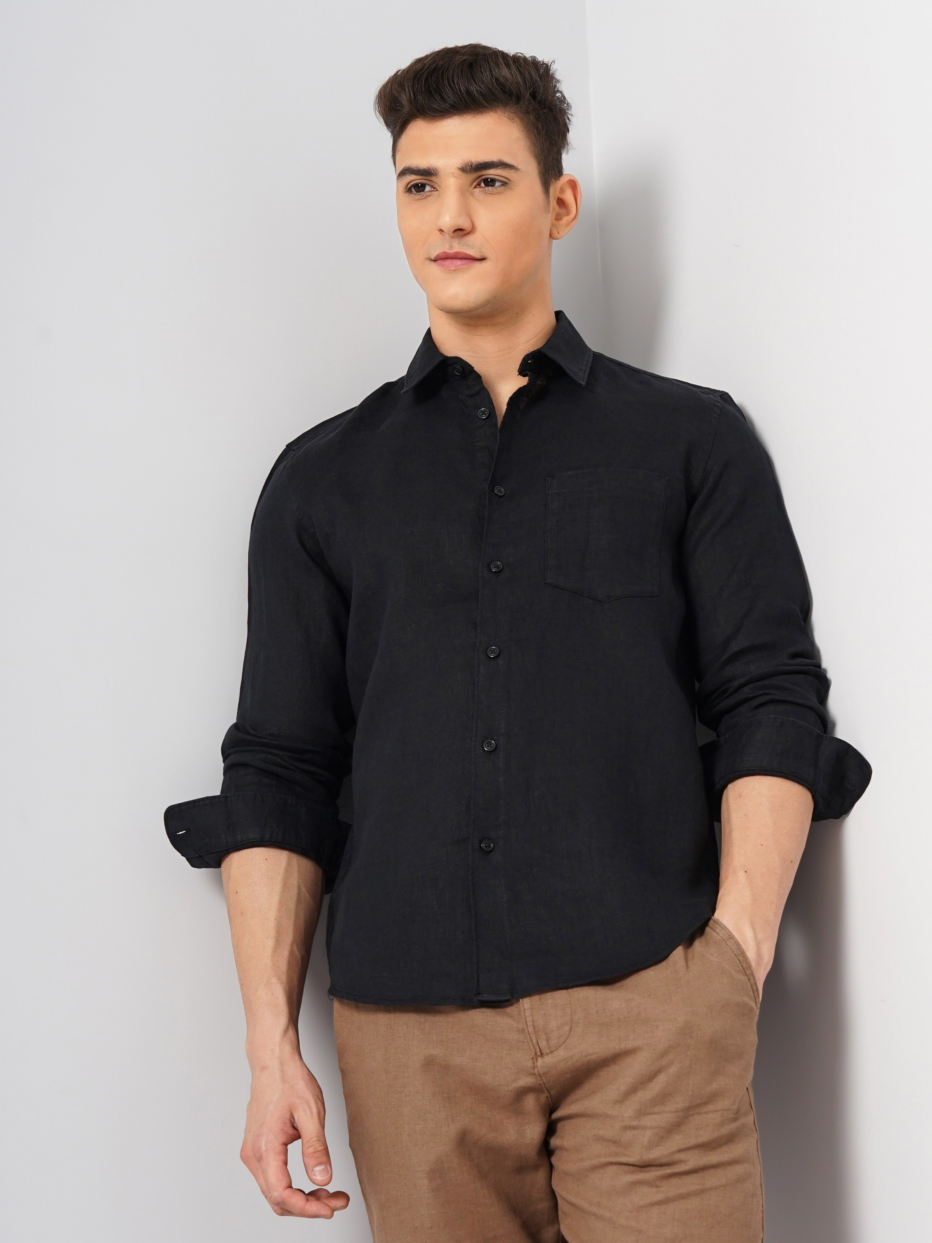 celio | Celio Men Black Solid Regular Fit Linen Shirt