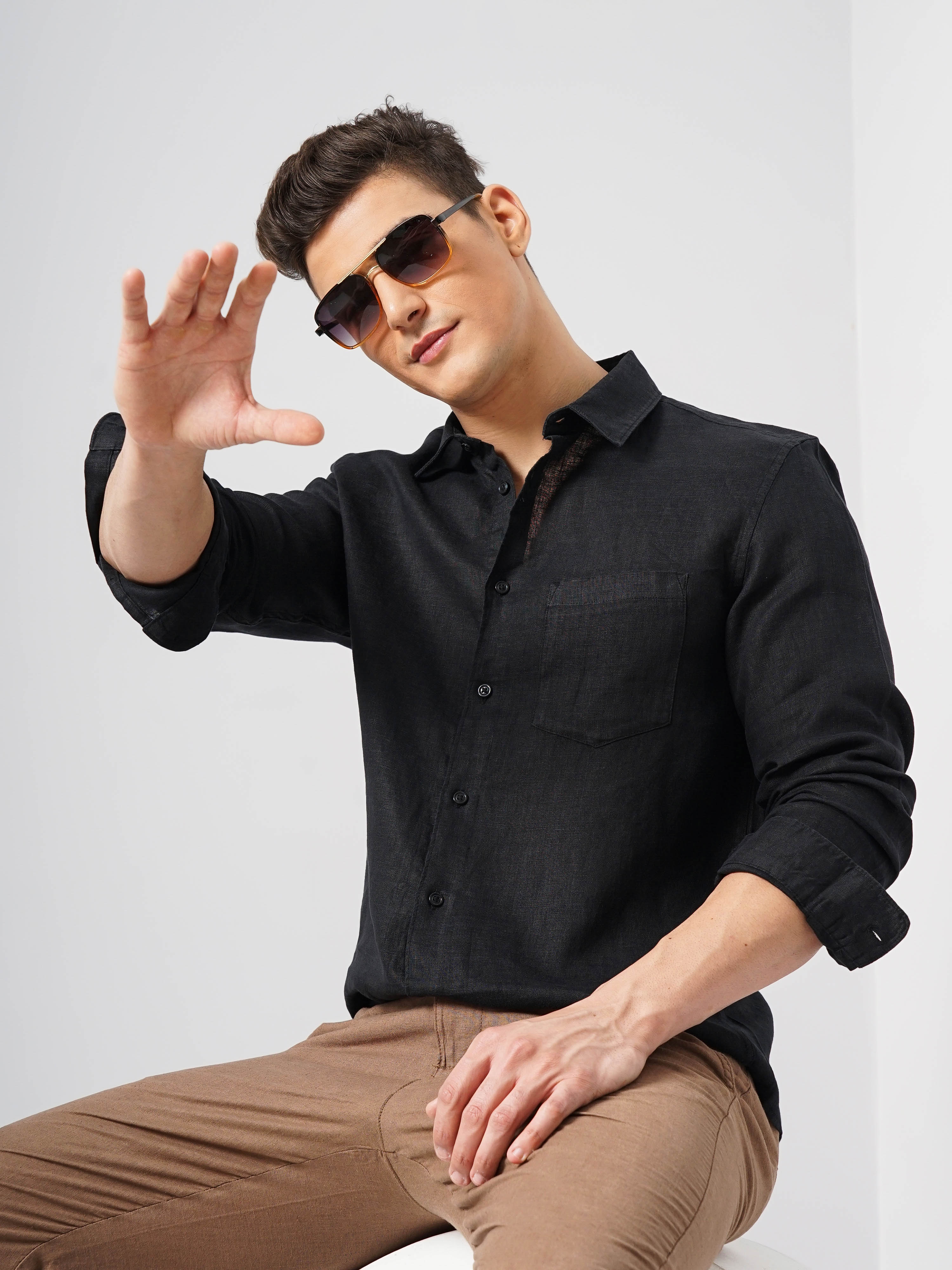 Celio Men Black Solid Regular Fit Linen Shirt
