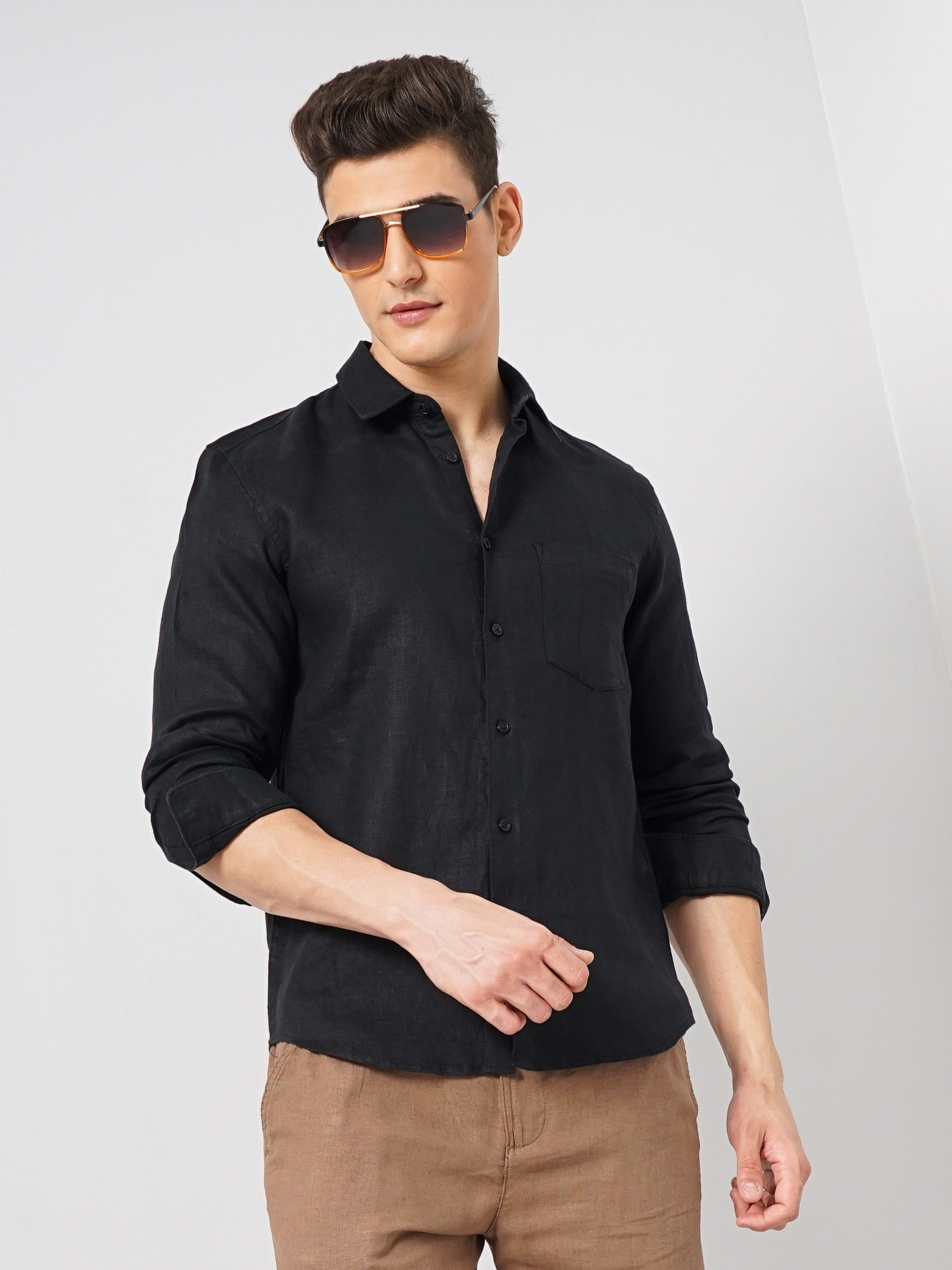 Celio Men Black Solid Regular Fit Linen Shirt