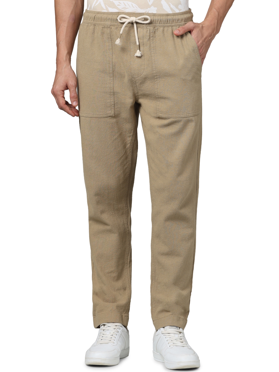 Celio Men Beige Solid Loose Fit Cotton Fashion Casual Trousers