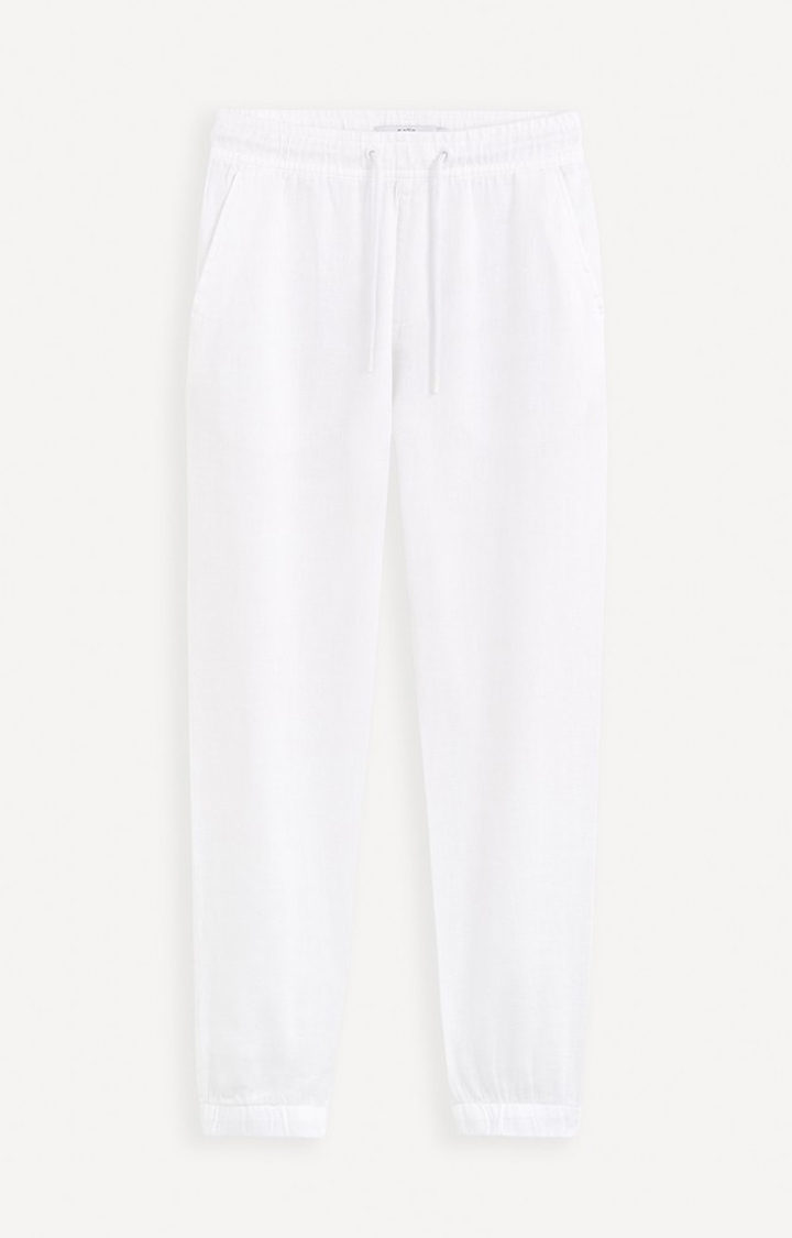 celio | Celio Men White Solid Regular Fit Linen Trousers