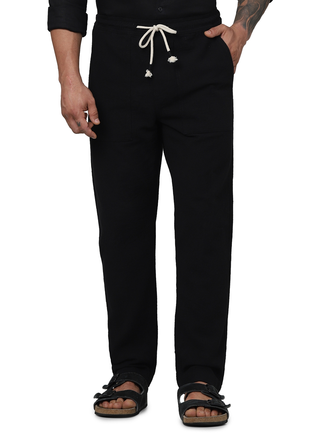 celio | Celio Men Black Solid Loose Fit Cotton Fashion Casual Trousers