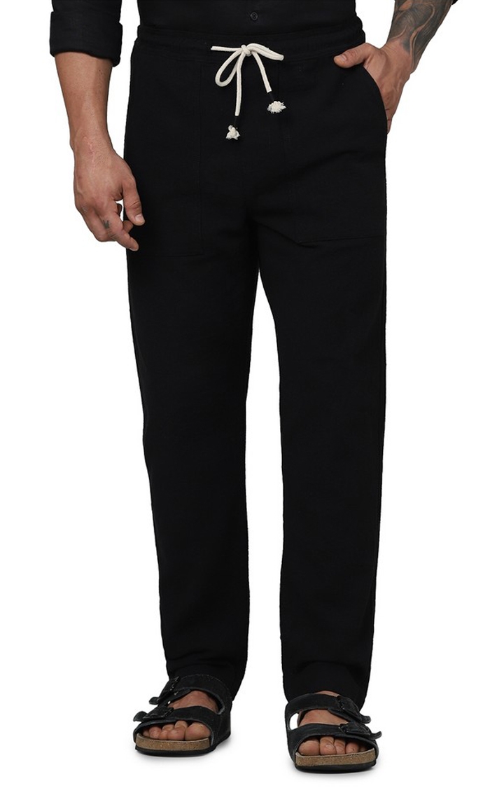 celio | Celio Men Black Solid Loose Fit Cotton Fashion Casual Trousers