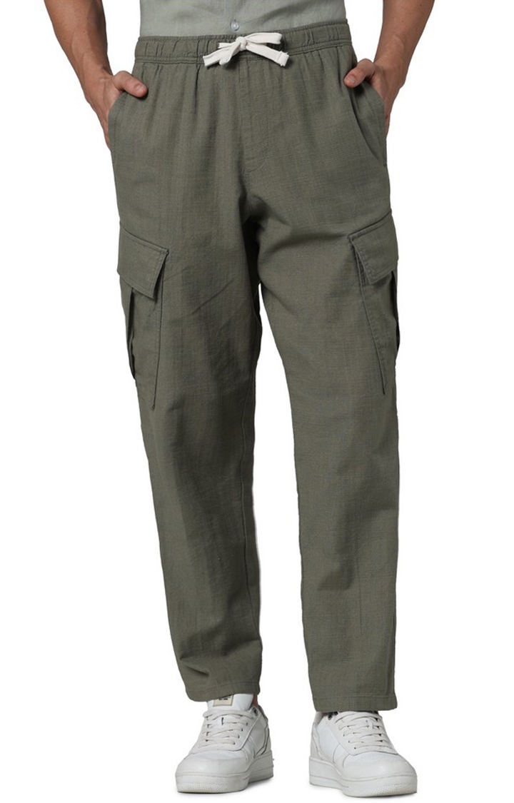 celio | Celio Men Olive Solid Regular Fit Cotton Cargo / Jogger Trousers