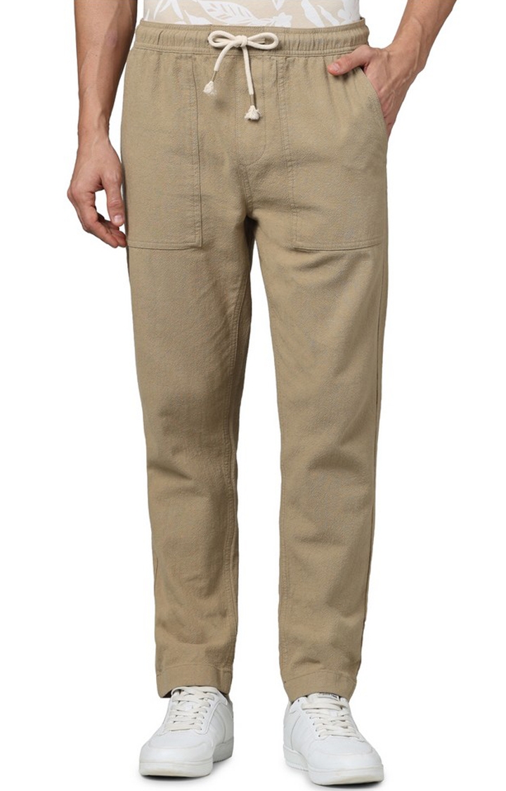 celio | Celio Men Beige Solid Loose Fit Cotton Fashion Casual Trousers