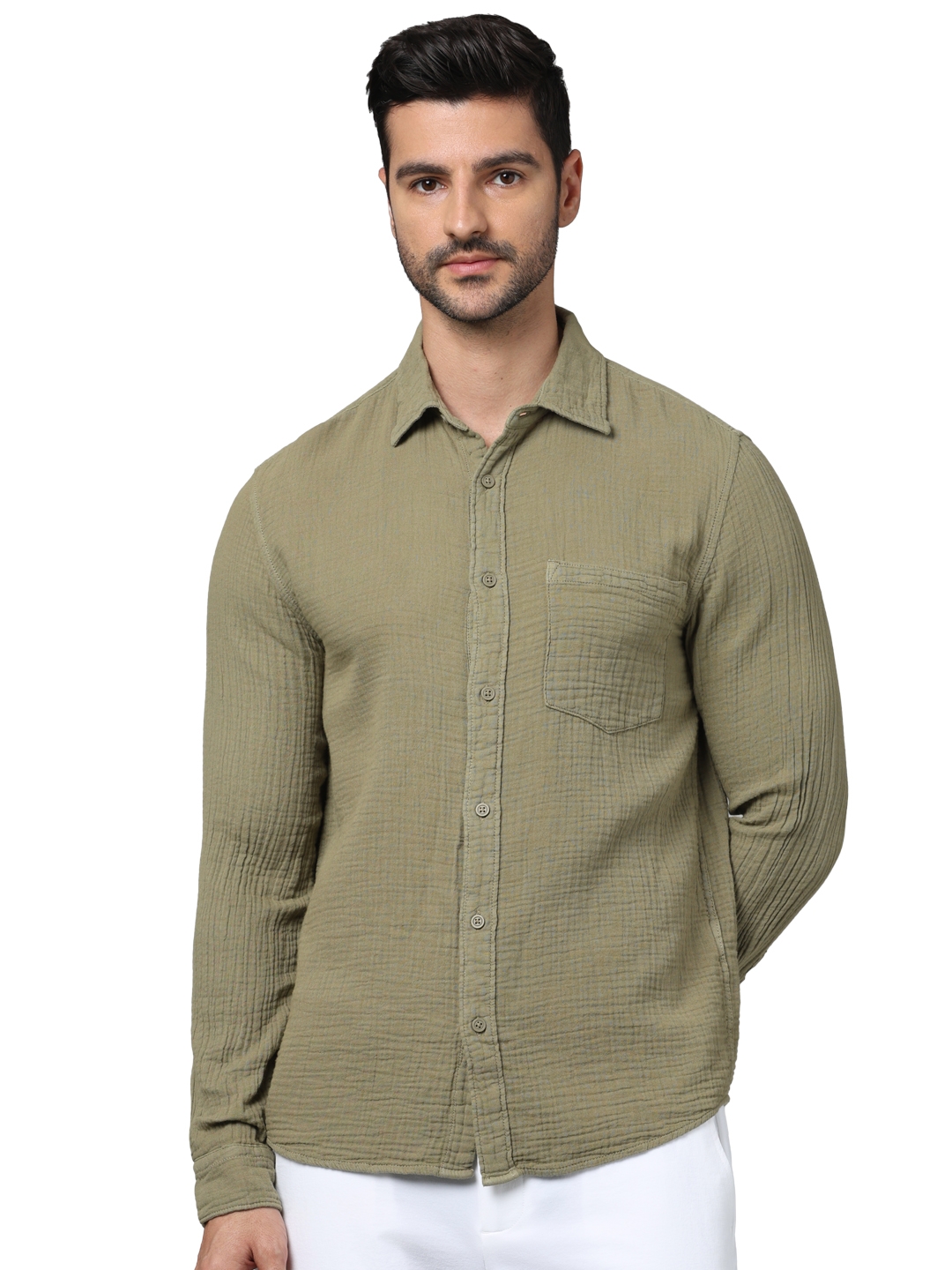 celio | Celio Men Olive Solid Regular Fit Cotton Double Cloth Casual Shirts